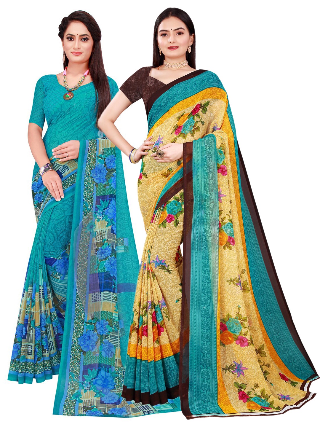

Florence Set Of 2 Turquoise Blue & Beige Floral Pure Georgette Saree