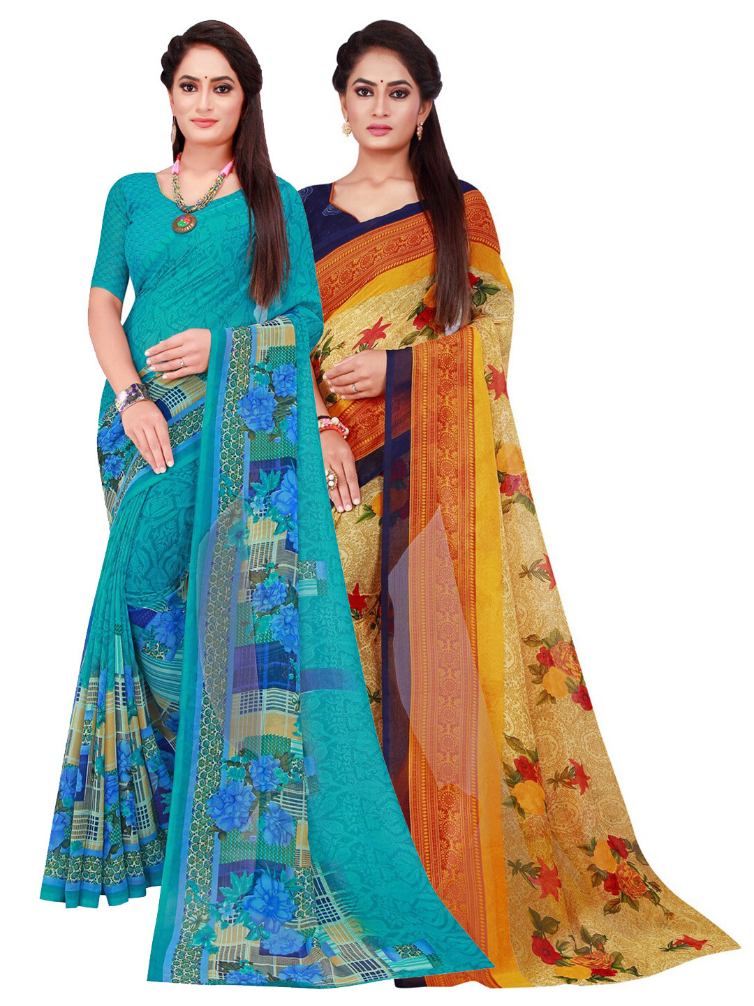 

Florence Pack of 2 Turquoise Blue & Beige Floral Pure Georgette Sarees