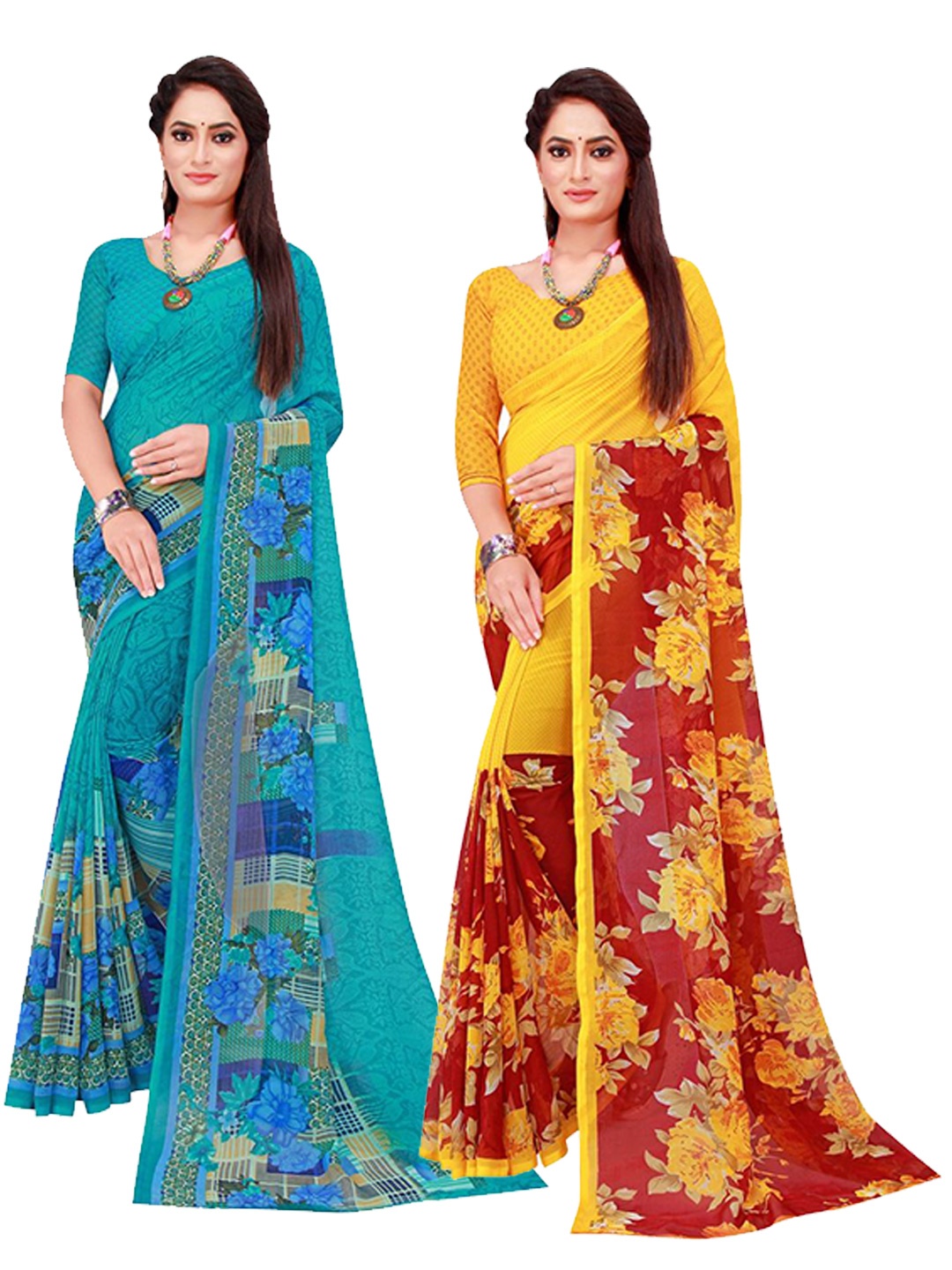 

Florence Turquoise Blue & Yellow Set Of 2 Floral Pure Georgette Saree