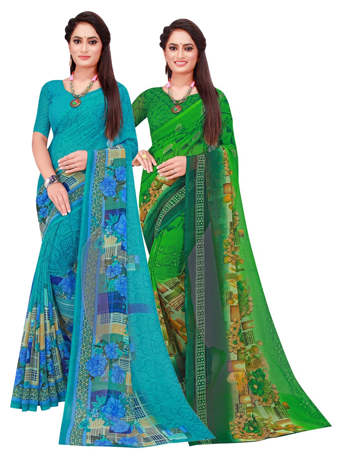 

Florence Turquoise Blue & Green Printed Pure Georgette Saree