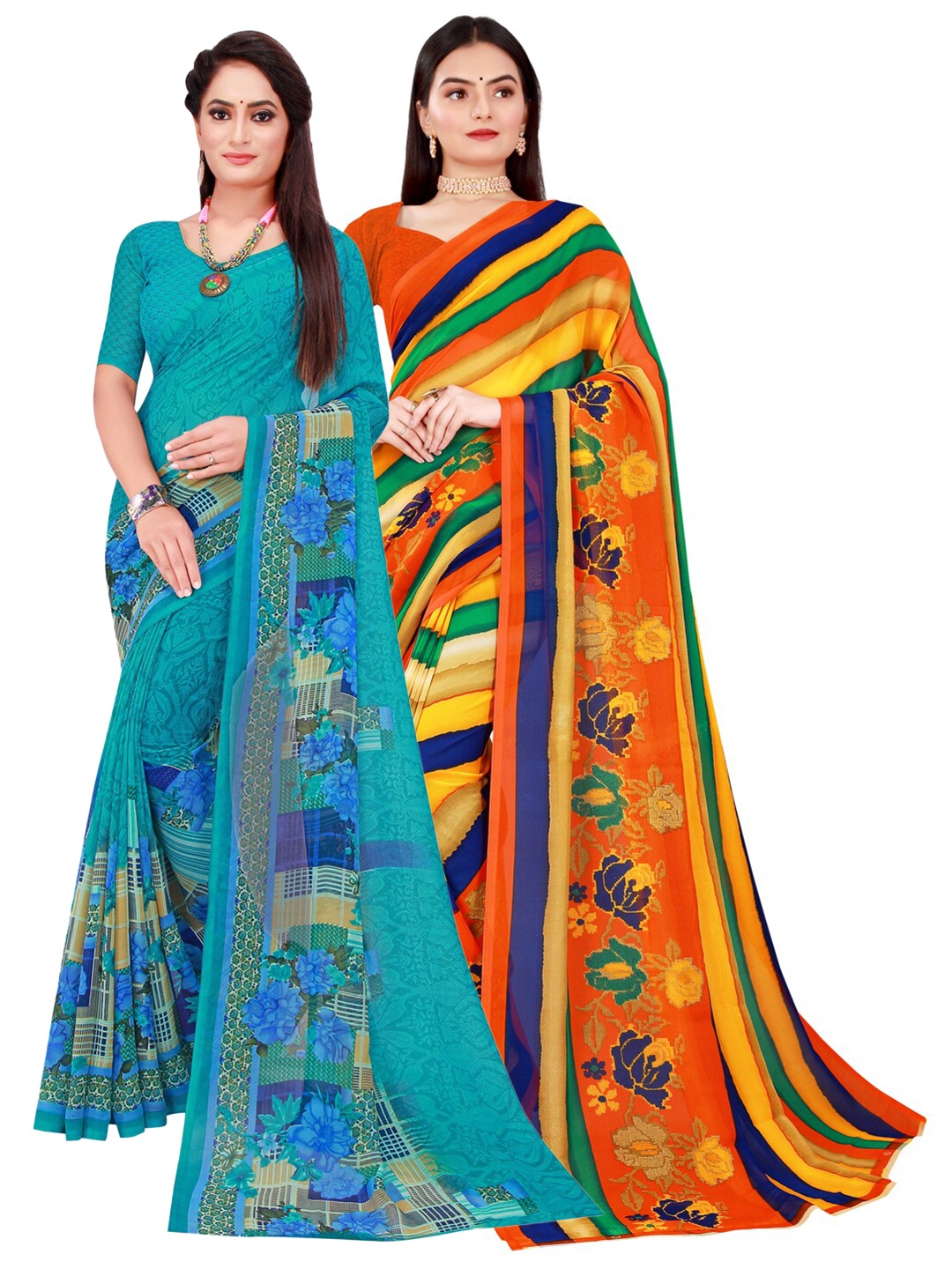 

Florence Pack Of 2 Turquoise Blue & Red Floral Pure Georgette Saree