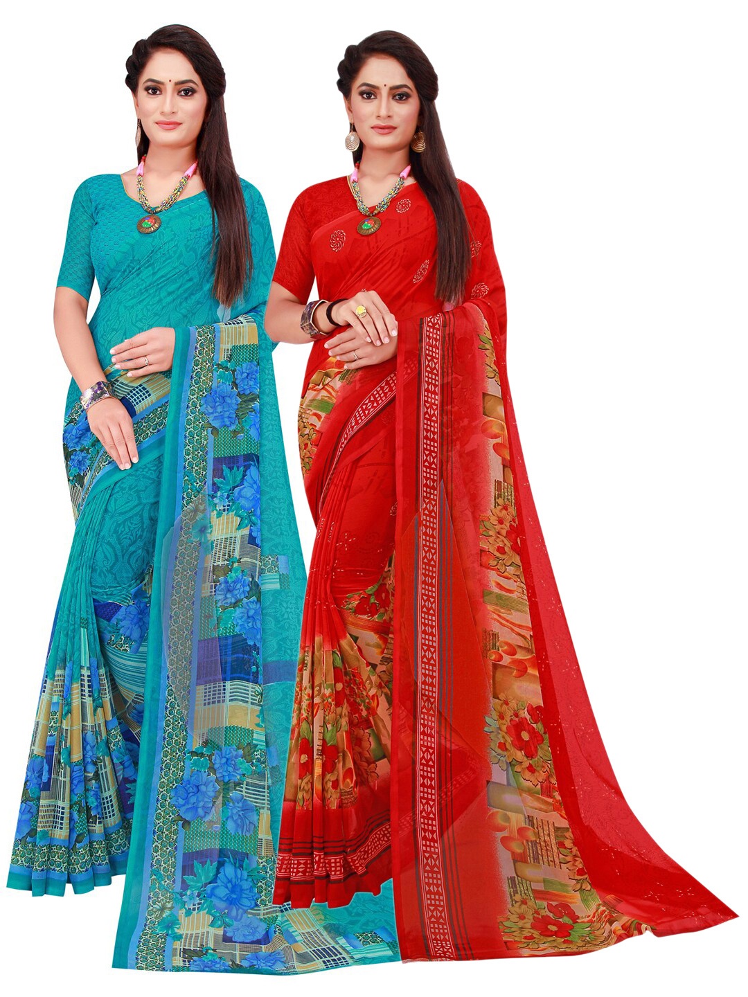 

Florence Pack Of 2 Red & Turquoise Blue Pure Georgette Saree