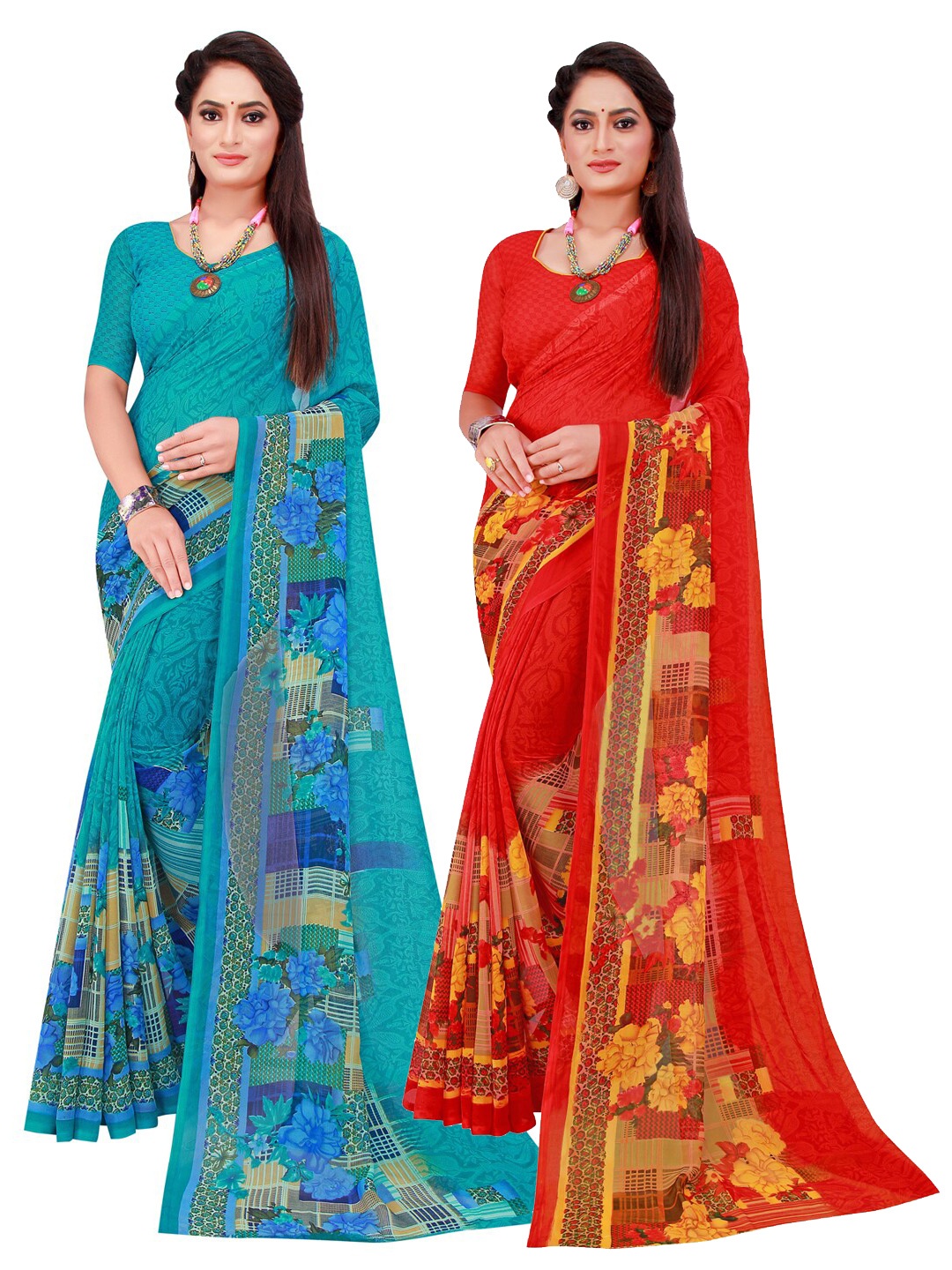 

Florence Set Of 2 Red & Turquoise Blue Floral Pure Georgette Saree