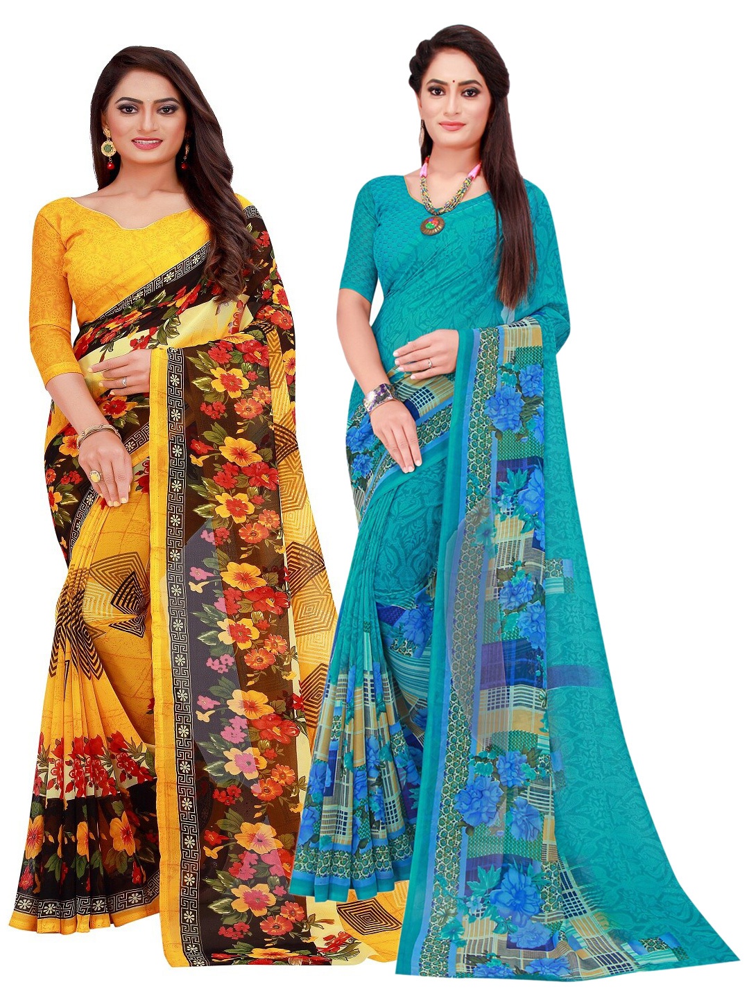 Florence Pack of 2 Yellow & Turquoise Blue Floral Pure Georgette Sarees
