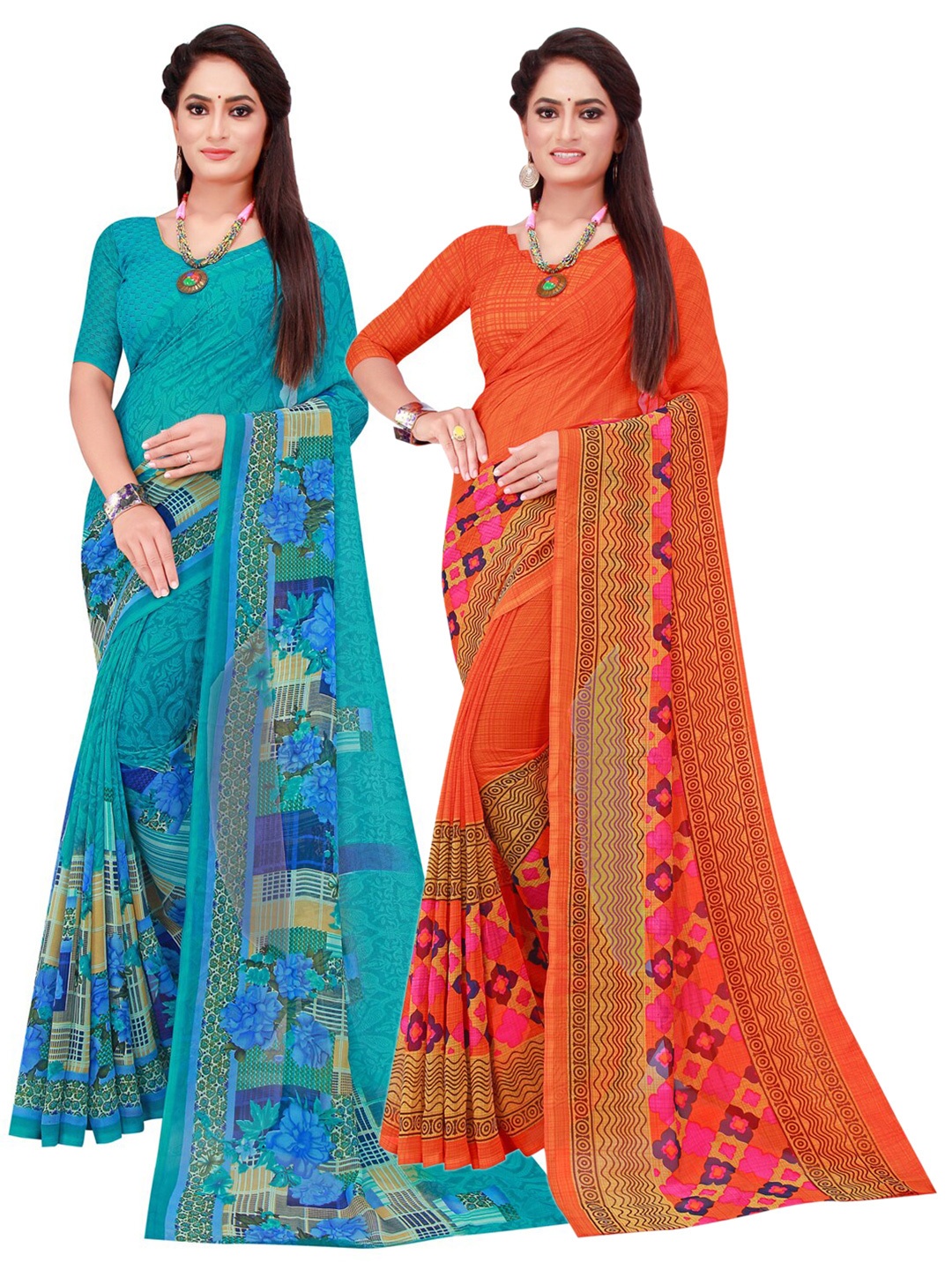 

Florence Orange & Turquoise Blue Set Of 2 Floral Pure Georgette Saree