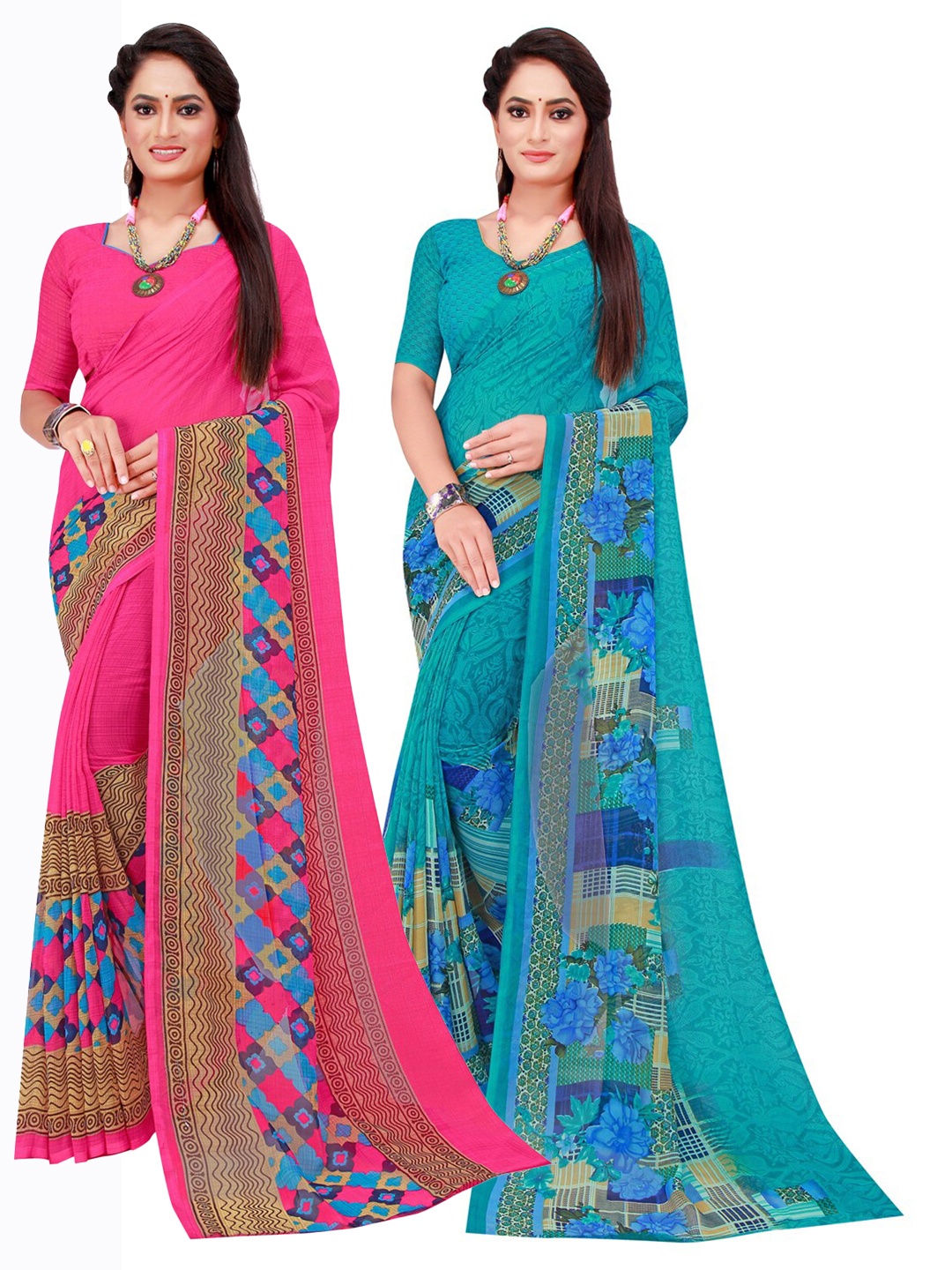 

Florence Magenta & Turquoise Blue Set of 2 Floral Printed Georgette Saree