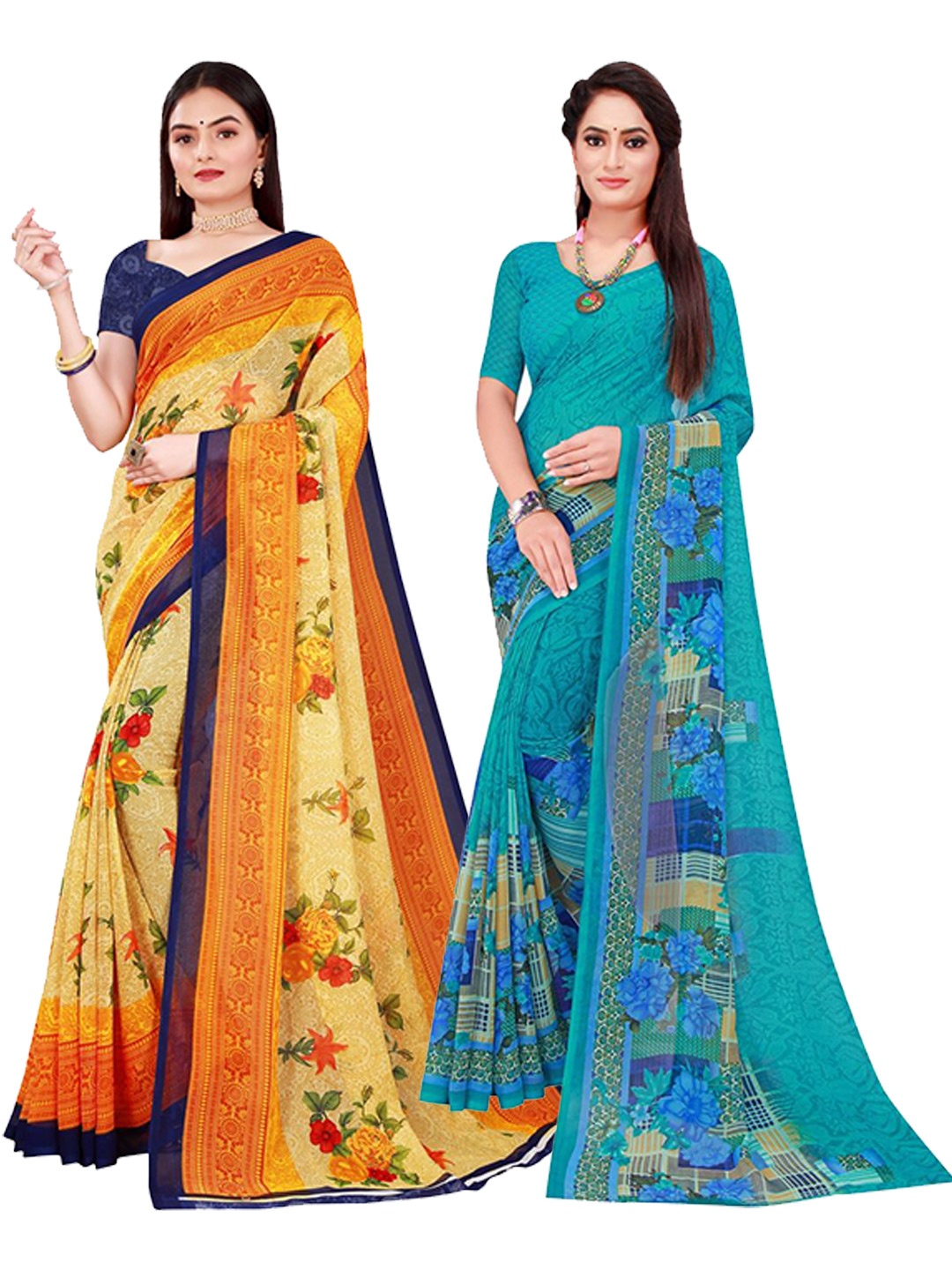 

Florence Beige & Blue Floral Printed Pure Georgette Saree Pack Of 2