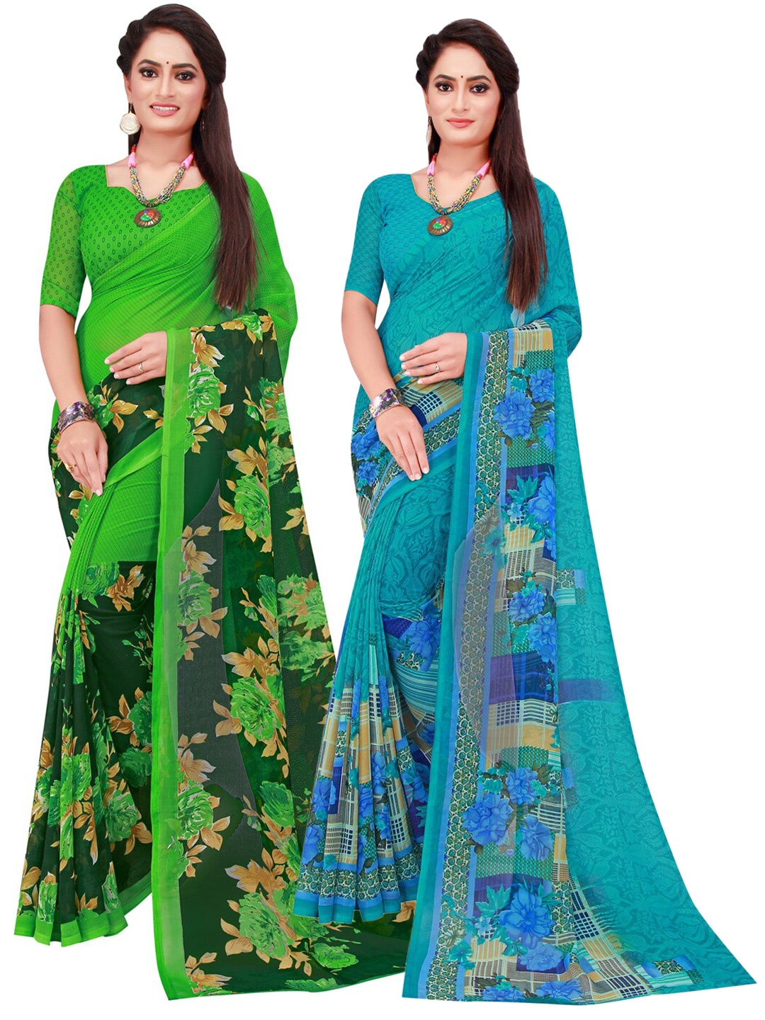 

Florence Pack Of 2 Turquoise Blue & Green Floral Pure Georgette Saree