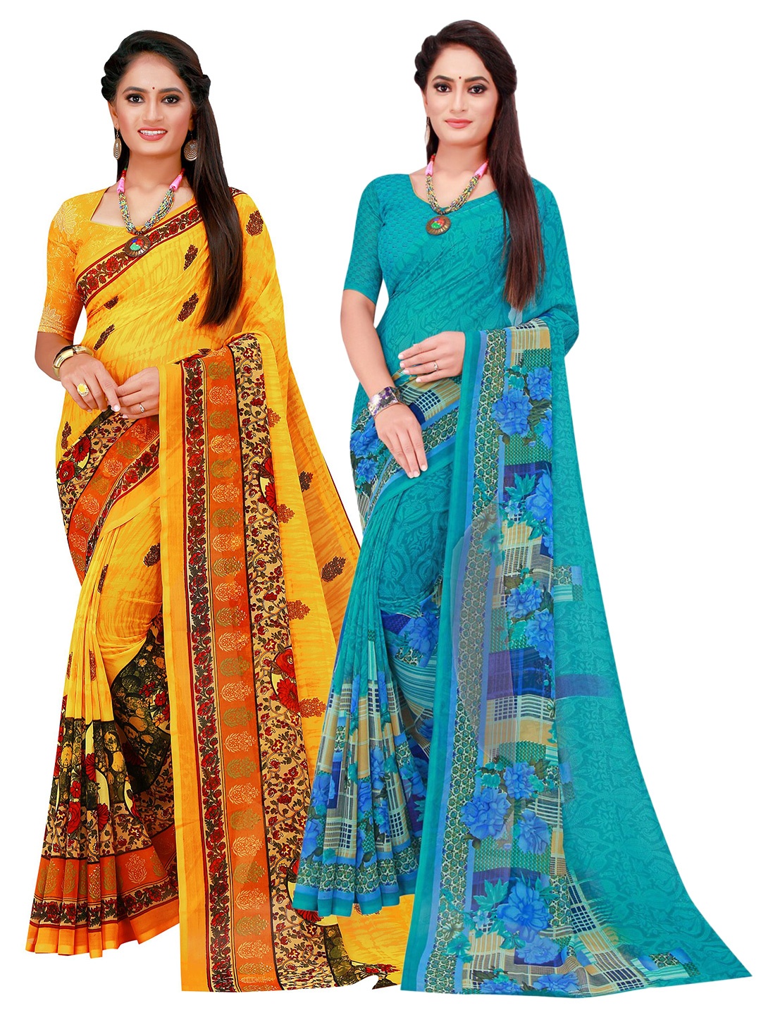 Florence Turquoise Blue & Yellow Set Of 2 Floral Pure Georgette Saree