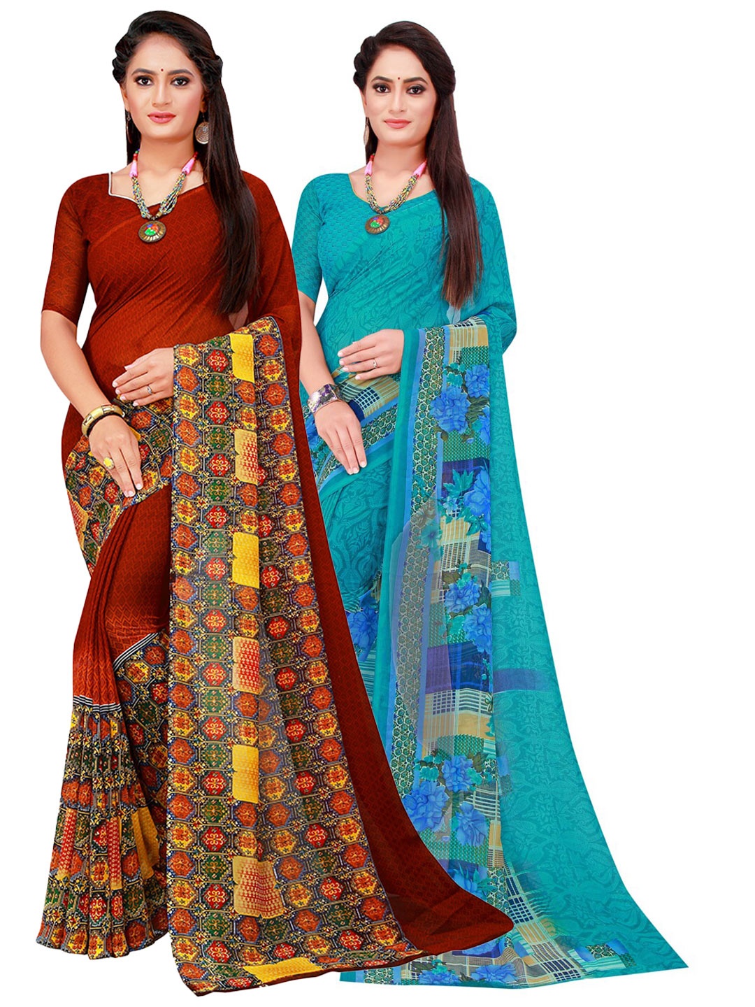

Florence Turquoise Blue & Maroon Set of 2 Floral Printed Georgette Saree