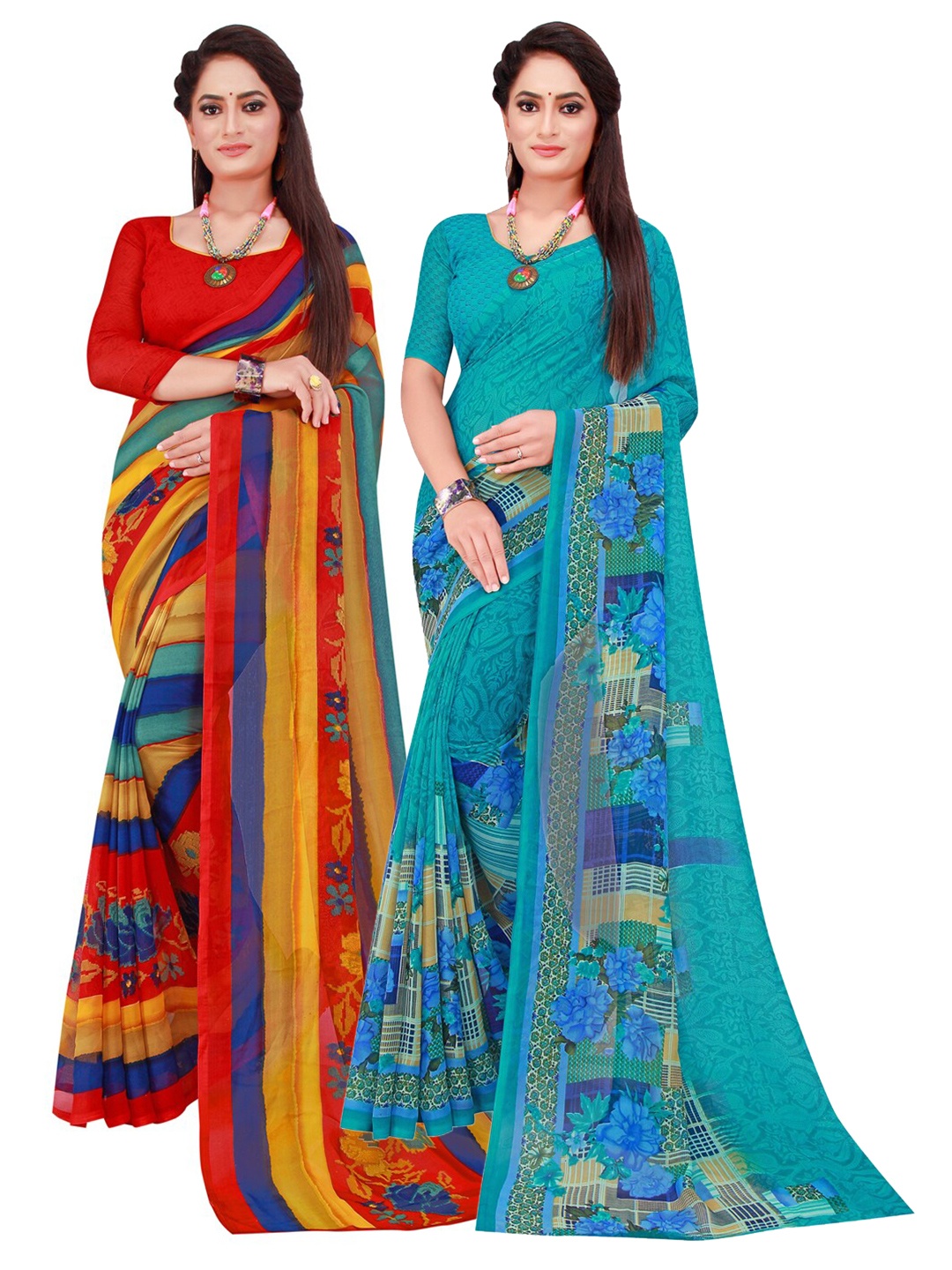 

Florence Turquoise Blue & Red Printed Pure Georgette Saree