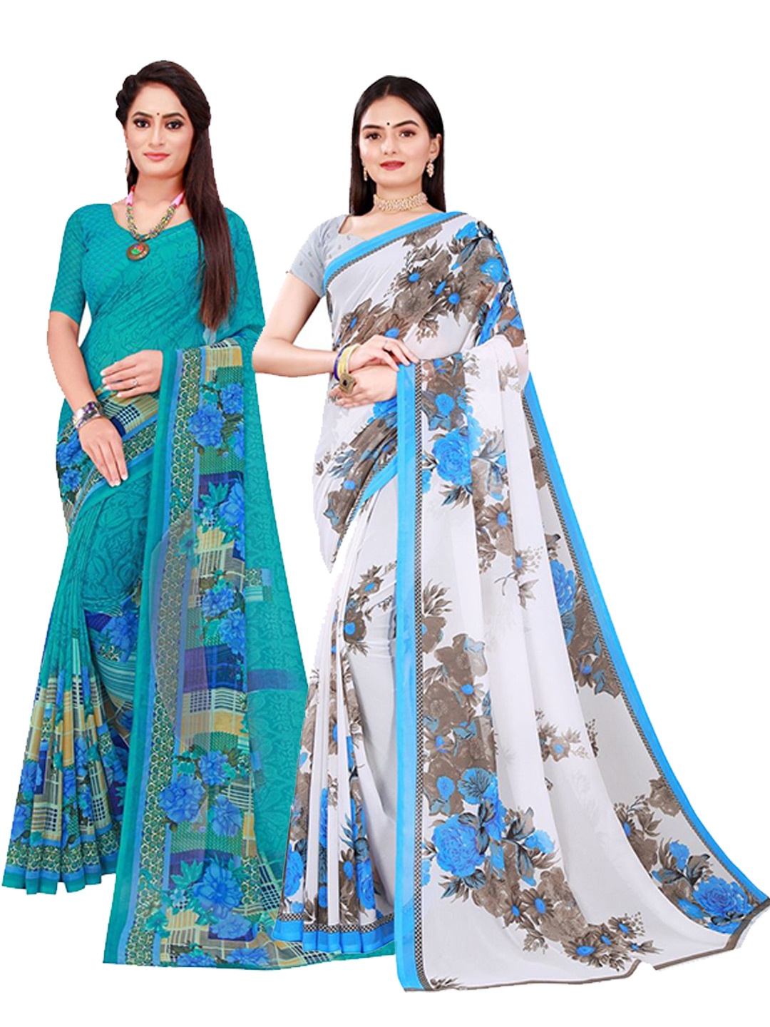 

Florence Pack Of 2 Turquoise Blue & White Floral Pure Georgette Sarees