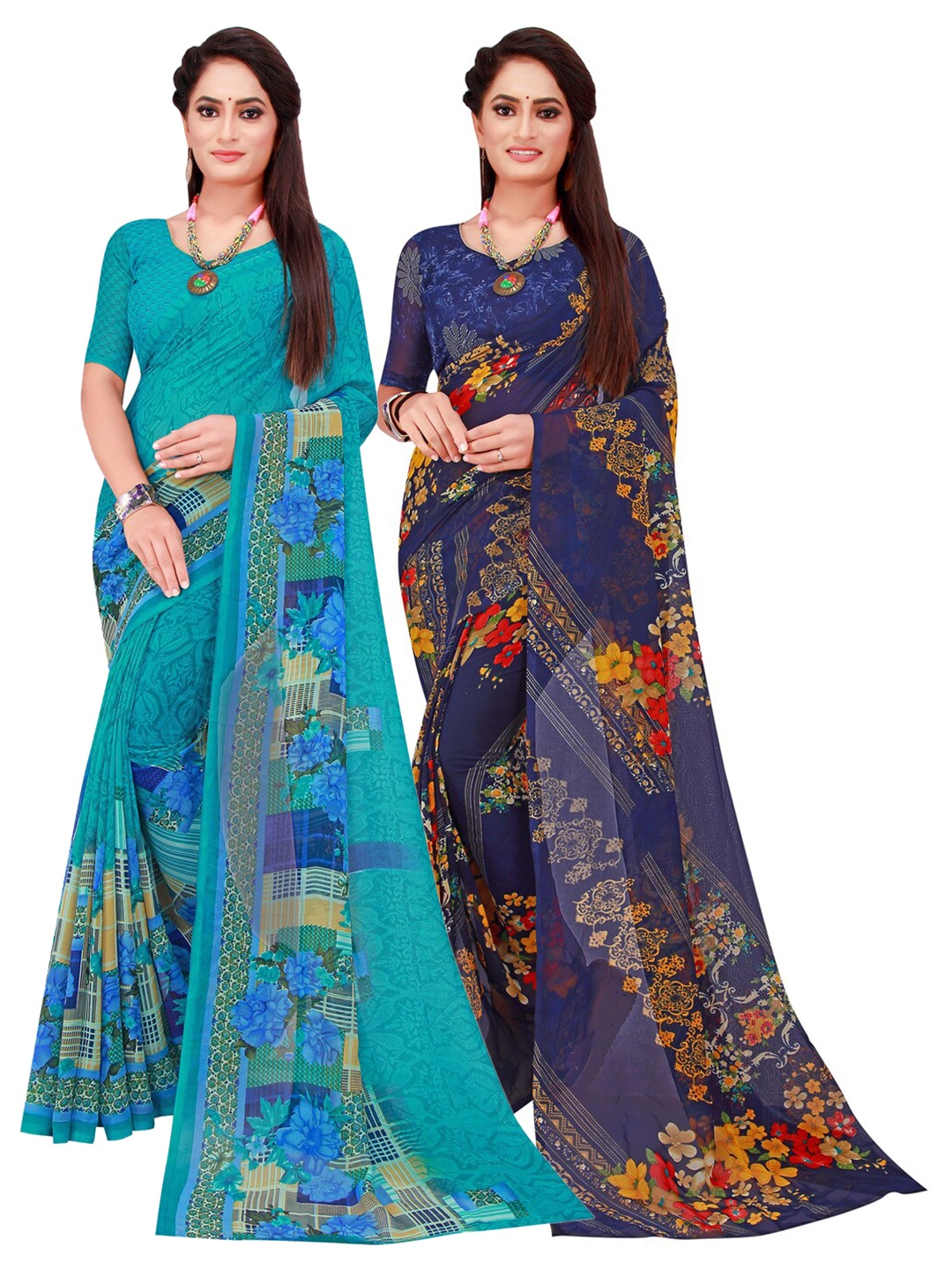 Florence Turquoise Blue & Navy Blue Set of 2 Floral Printed Georgette Saree