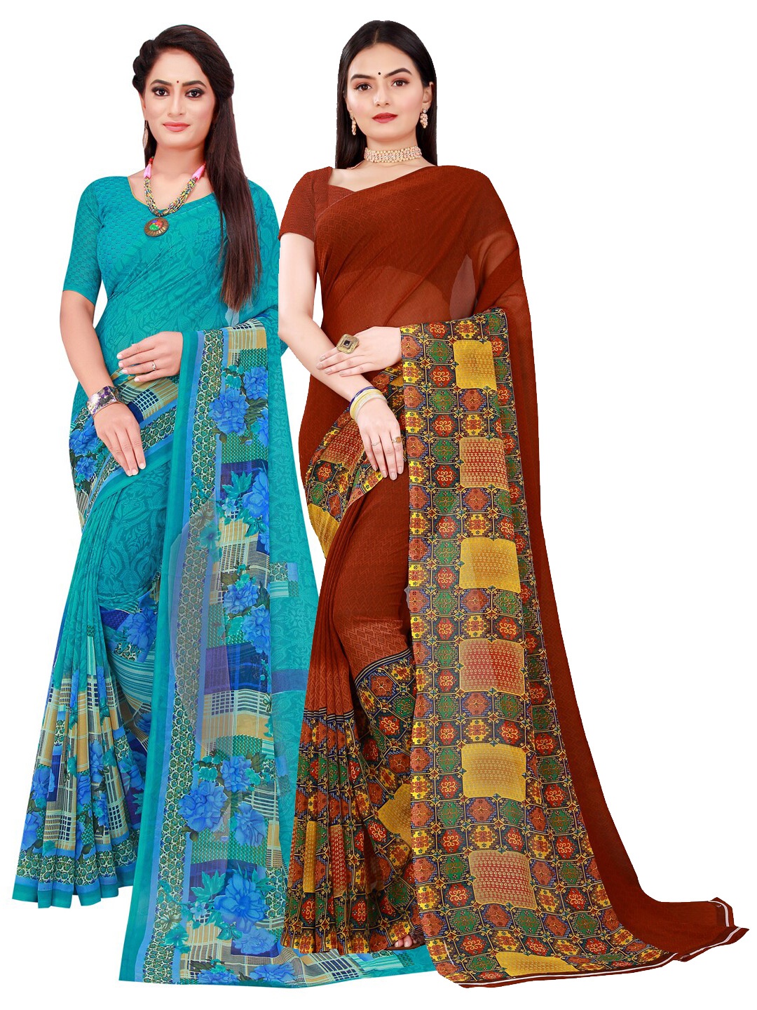 

Florence Turquoise Blue & Maroon Printed Pure Georgette Saree Pack Of 2