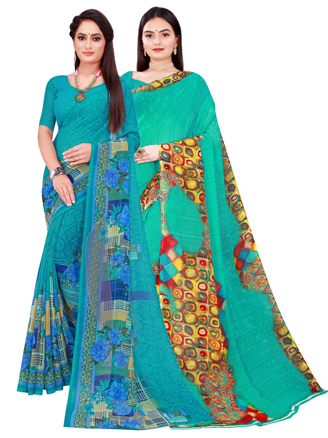 

Florence Turquoise Blue & Green Printed Pure Georgette Saree