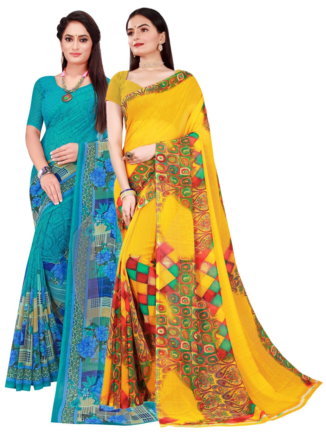 

Florence Pack Of 2 Turquoise Blue & Yellow Floral Pure Georgette Sarees