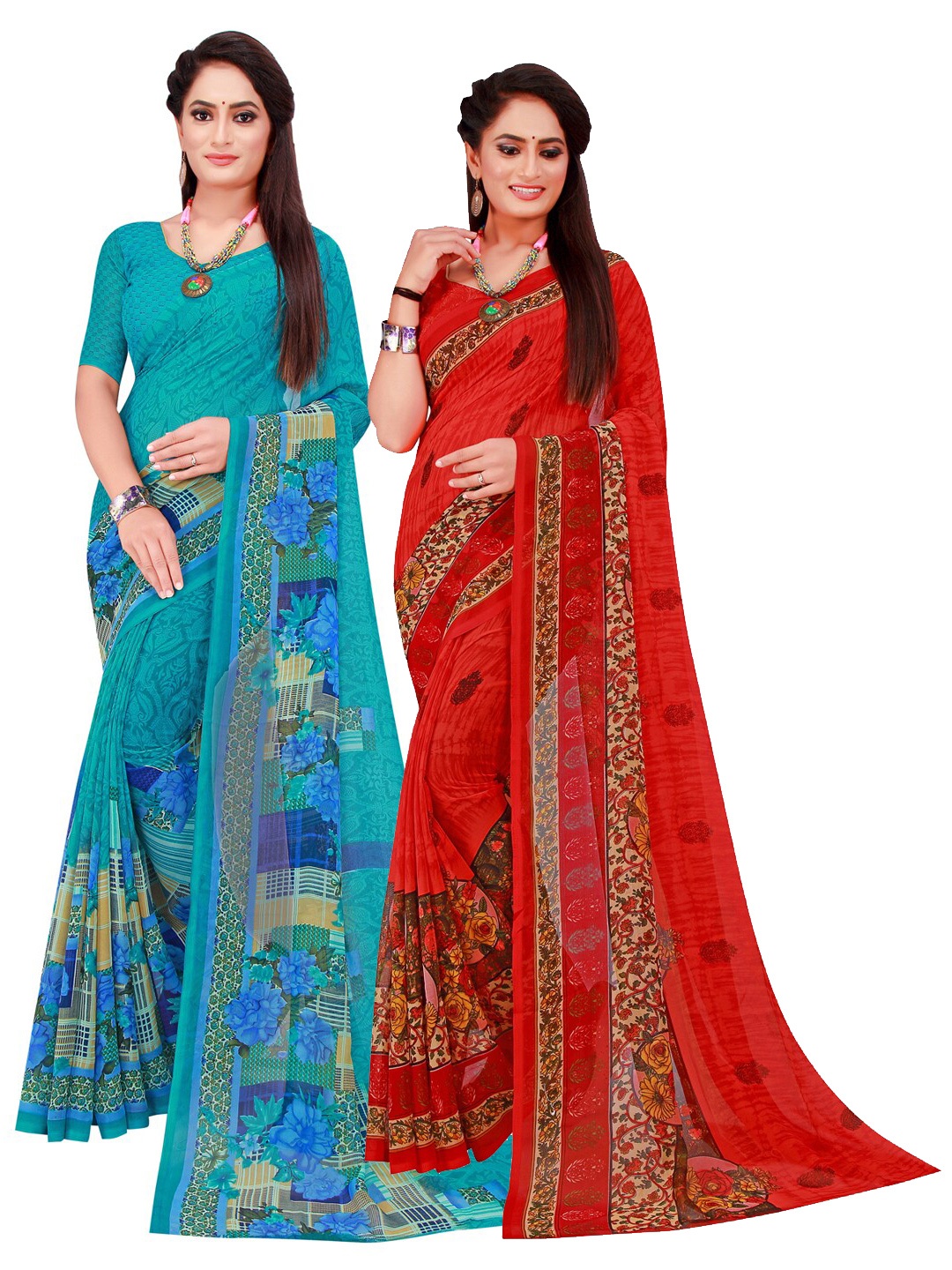 

Florence Set Of 2 Turquoise Blue & Red Floral Pure Georgette Saree