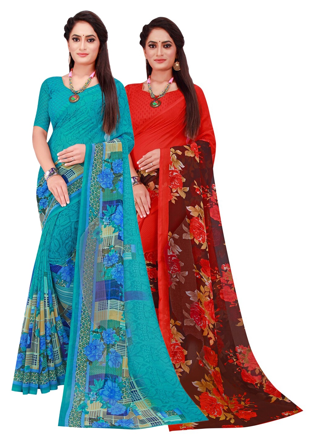 

Florence Turquoise Blue & Red Set Of 2 Floral Pure Georgette Saree