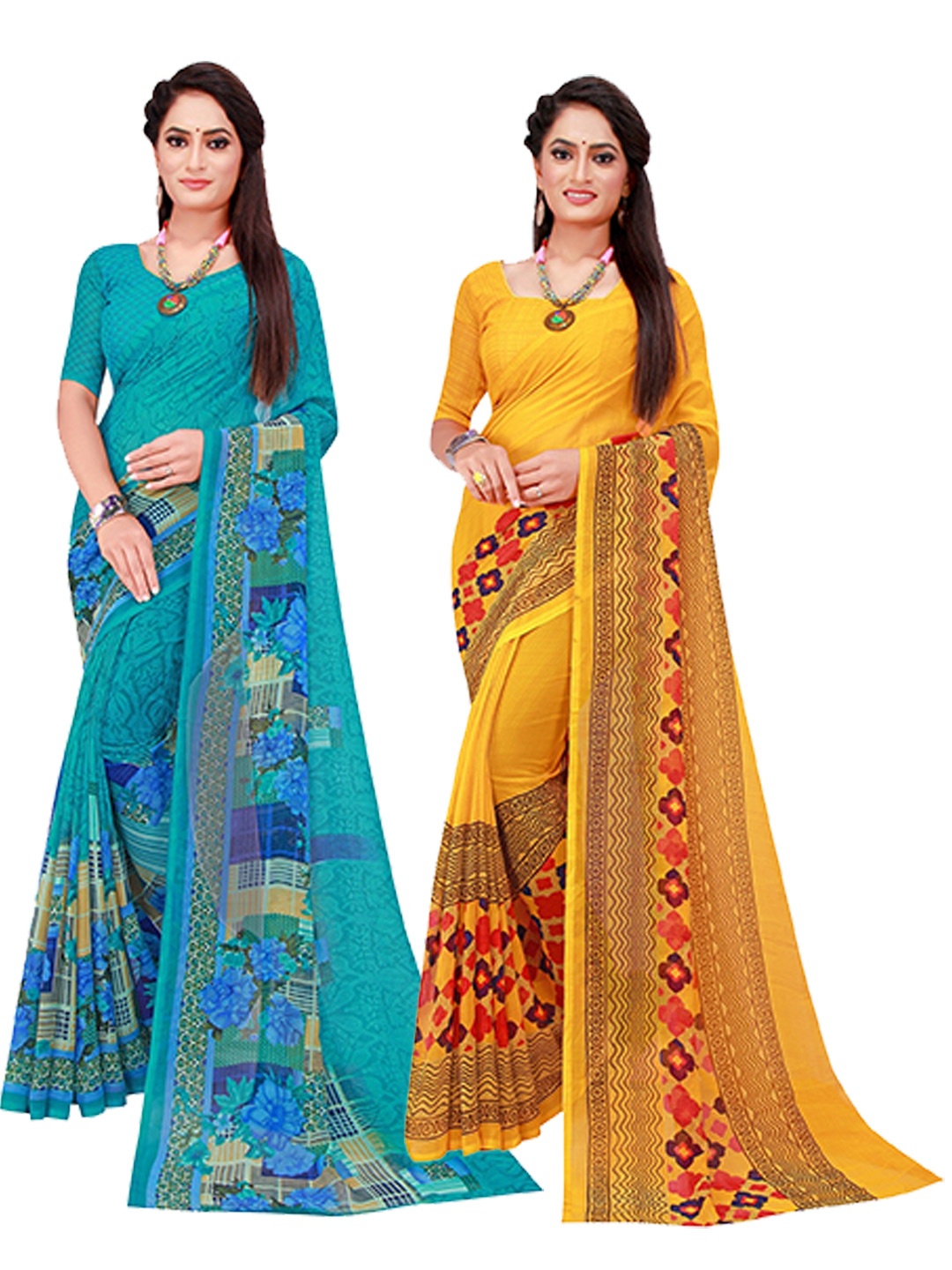 

Florence Turquoise Blue & Yellow Printed Pure Georgette Saree Pack Of 2