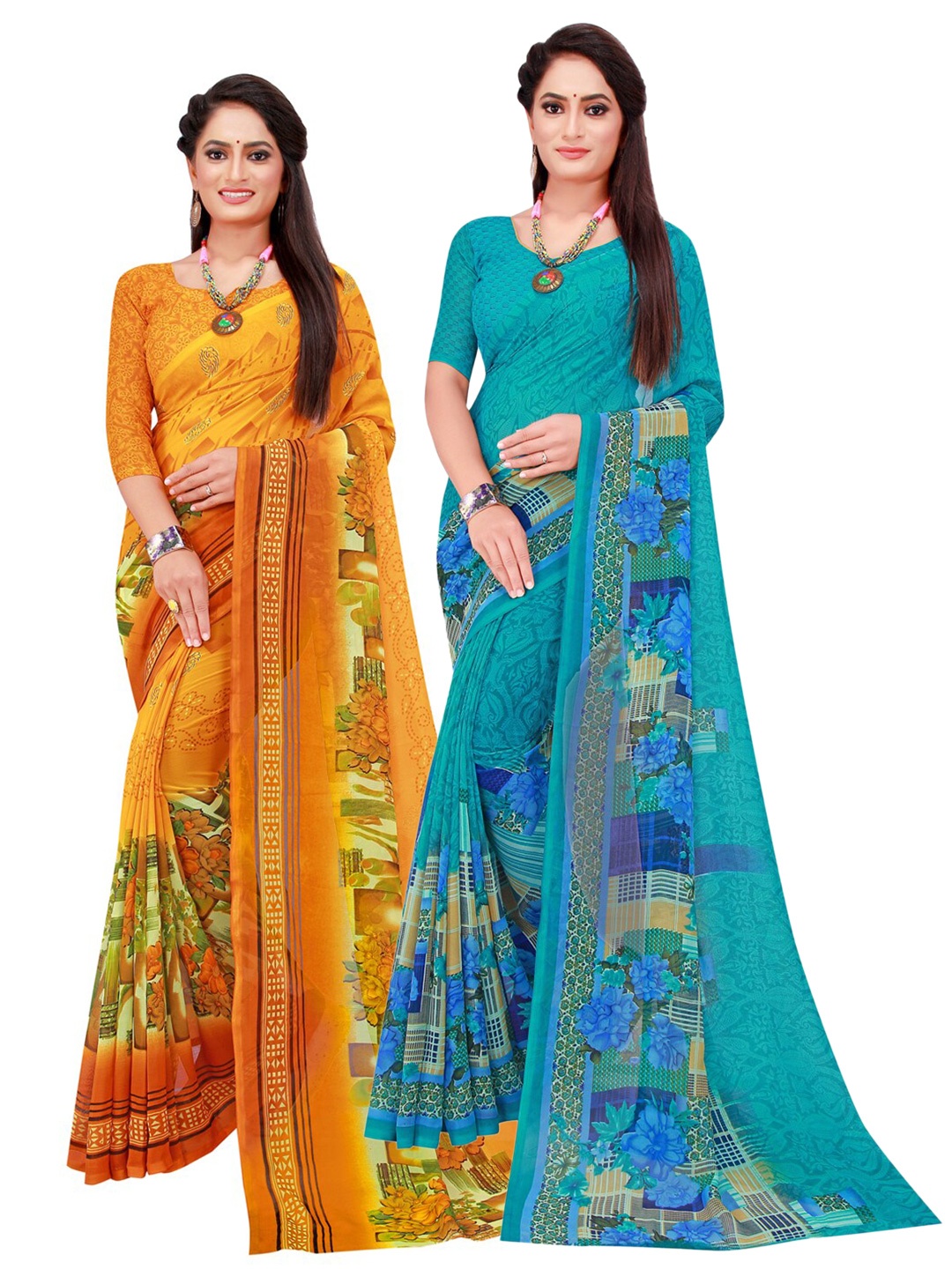 

Florence Pack Of 2 Turquoise Blue & Orange Floral Pure Georgette Saree