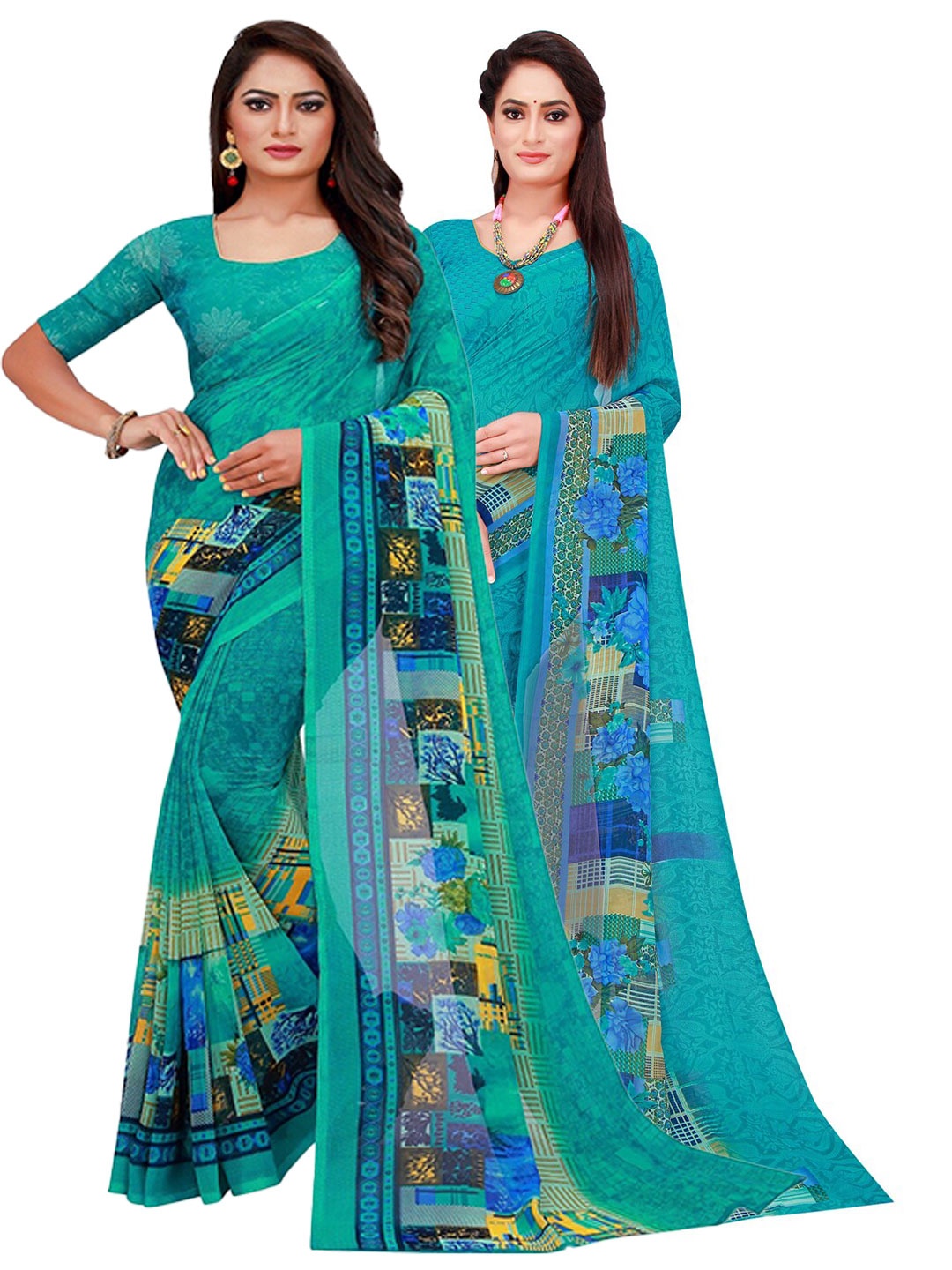 

Florence Turquoise Blue & Blue Pack of 2 Floral Printed Pure Georgette Saree