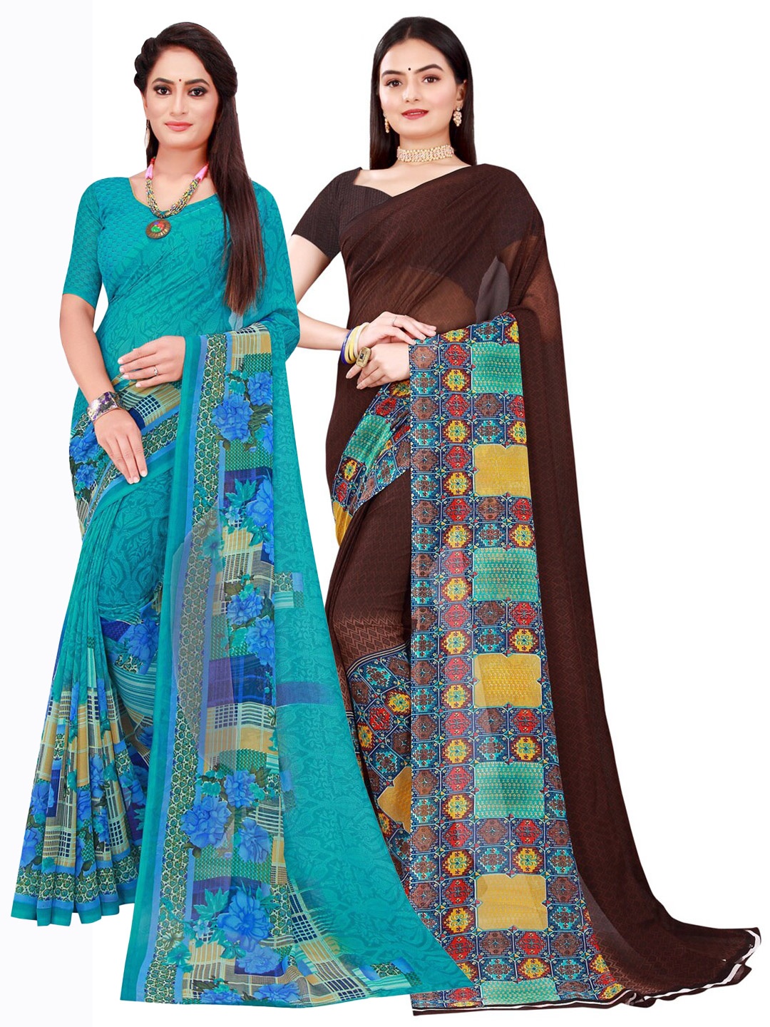 

Florence Pack of 2 Brown & Turquoise Blue Floral Pure Georgette Sarees