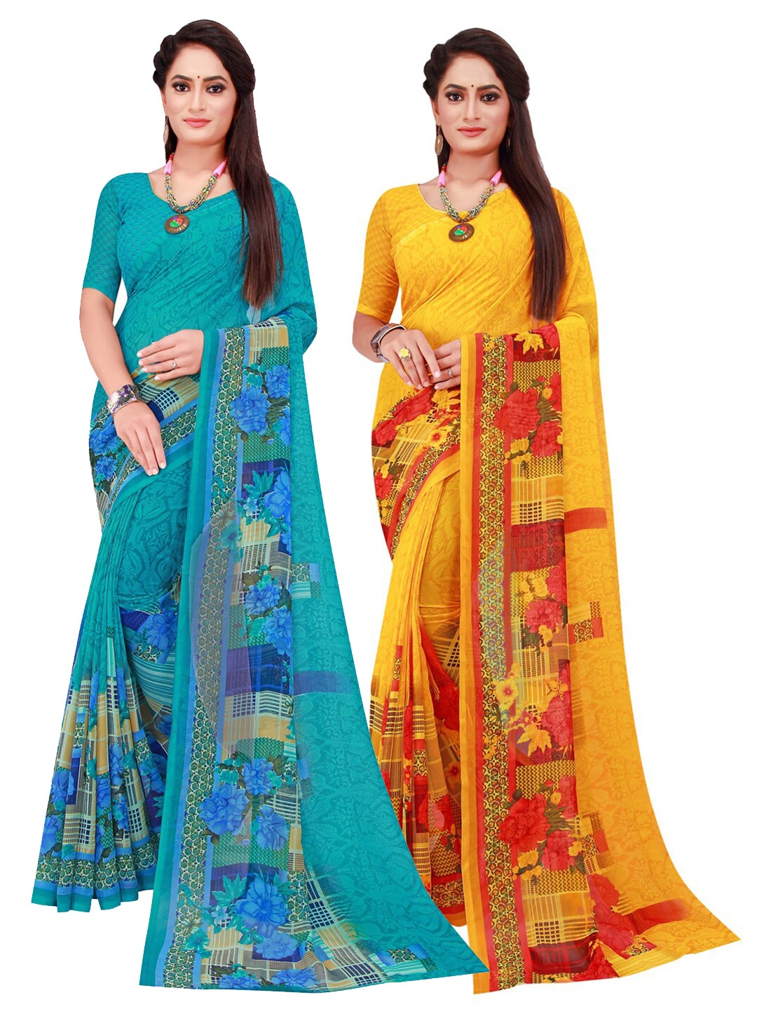 Florence Yellow & Turquoise Blue Set Of 2 Floral Pure Georgette Saree
