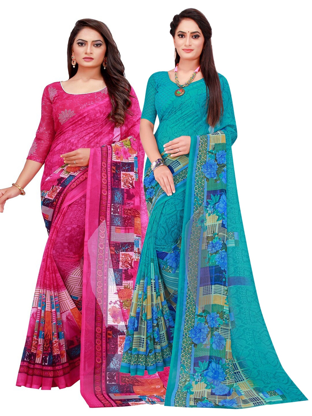 

Florence Pack Of 2 Magenta & Blue Floral Pure Georgette Saree