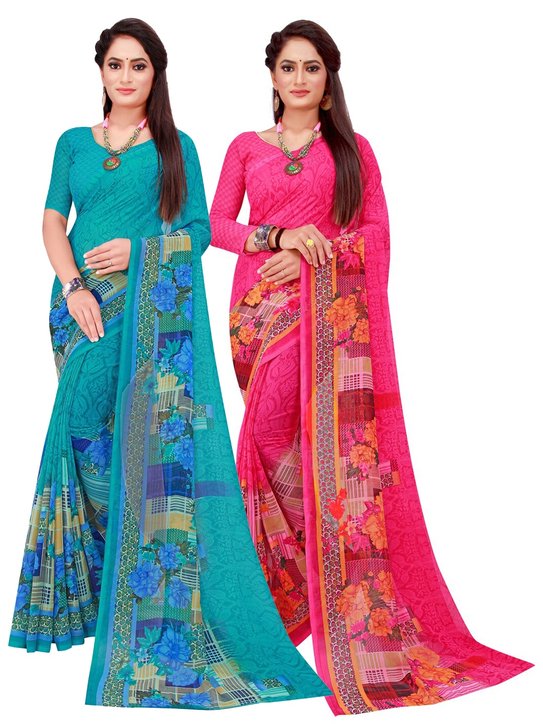 

Florence Set Of 2 Magenta & Turquoise Blue Floral Pure Georgette Saree