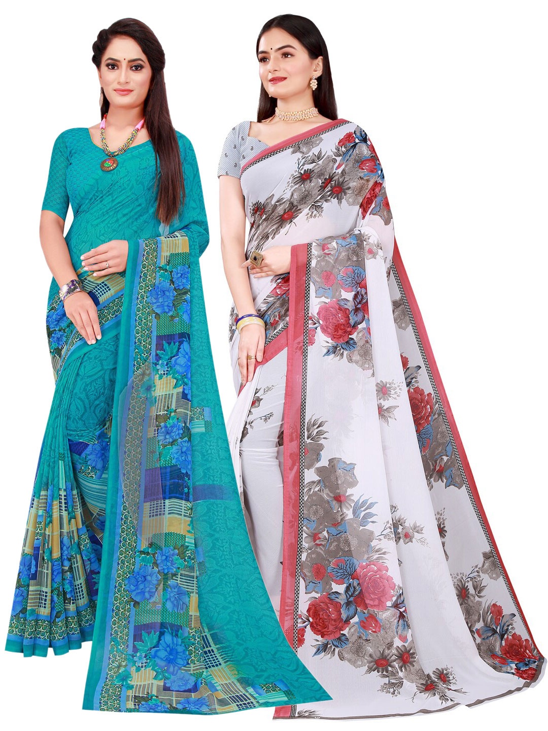 Florence Pack of 2 Turquoise Blue & White Floral Pure Georgette Sarees