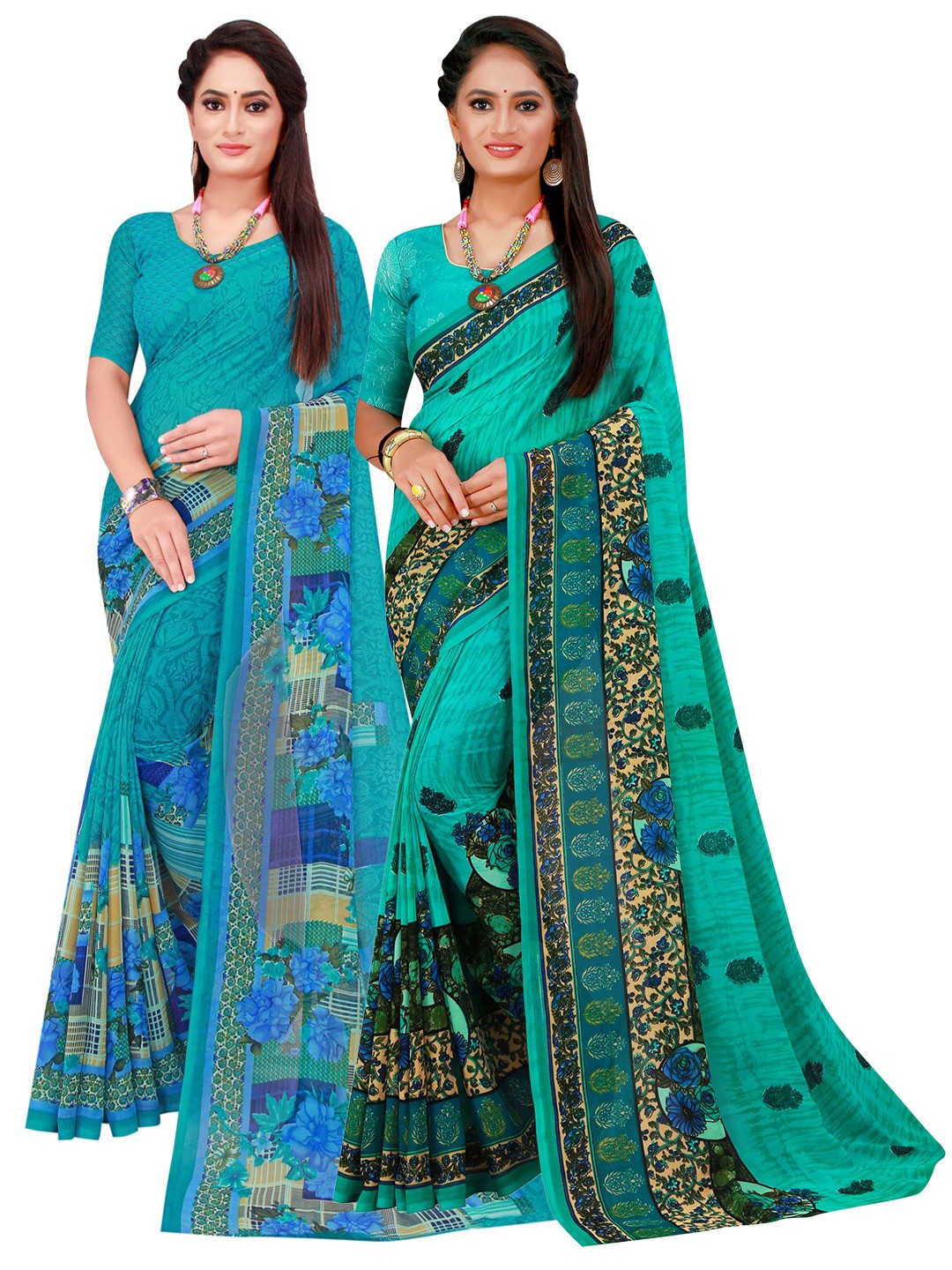 

Florence Turquoise Blue & Green Set Of 2 Floral Pure Georgette Saree