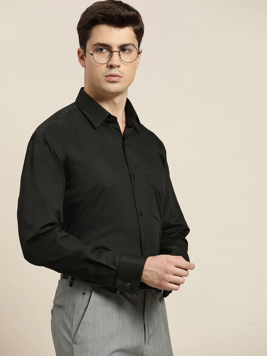 

Hancock Men Black Solid Regular Fit French Cuff Pure Cotton Formal Shirt