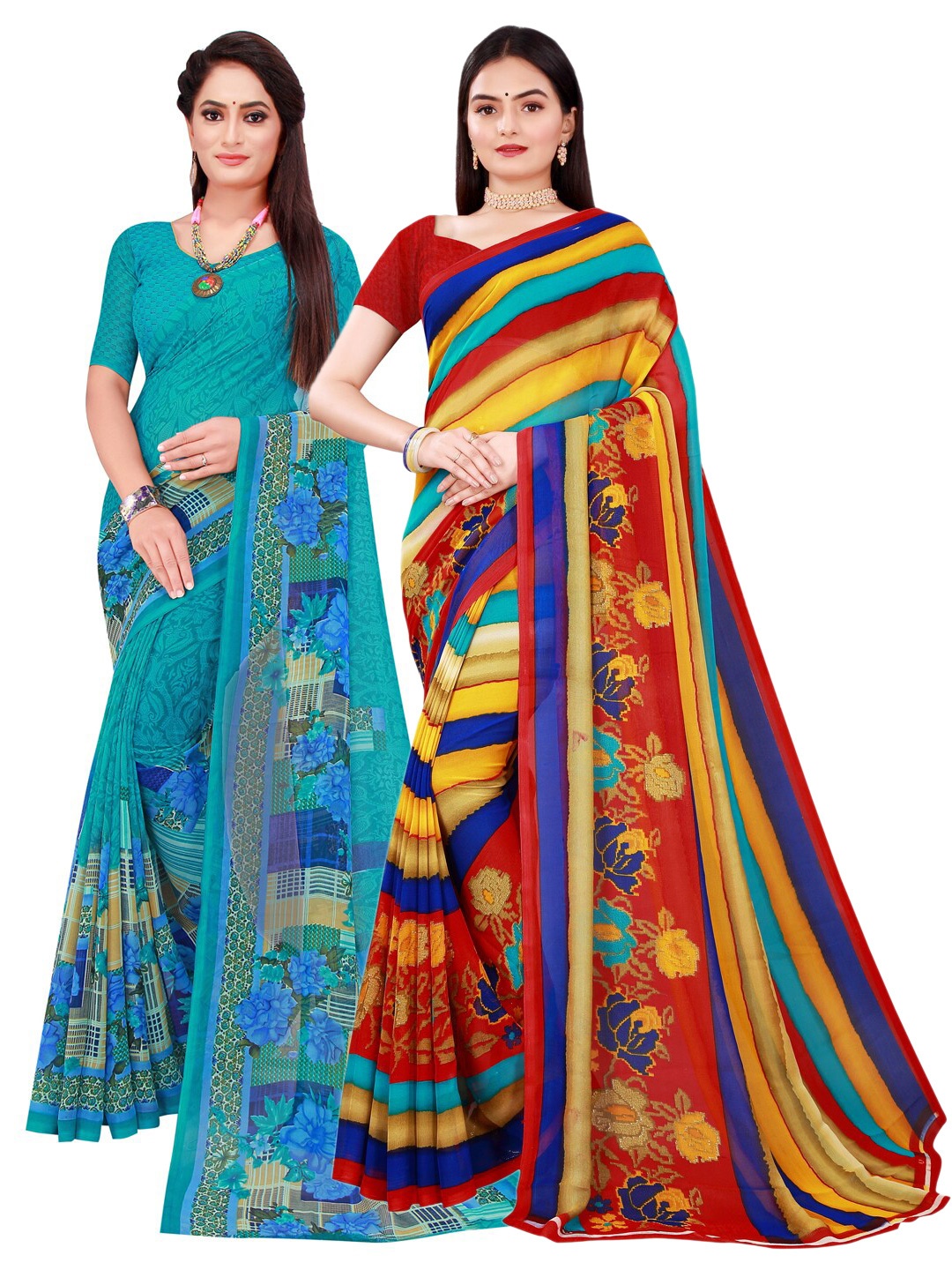 

Florence Blue & Red Striped Printed Pure Georgette Saree Pack Of 2