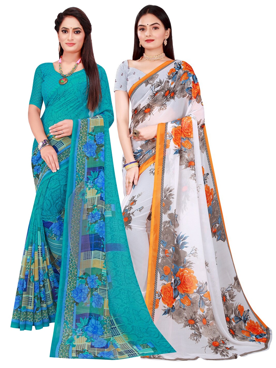 

Florence Pack Of 2 Turquoise Blue & White Floral Pure Georgette Sarees
