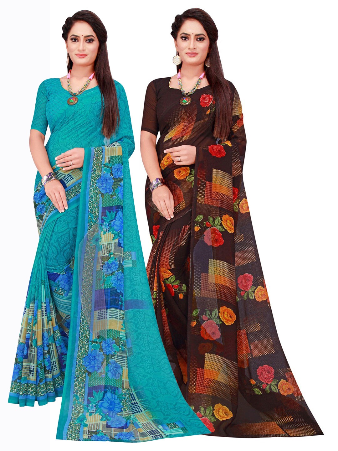 

Florence Set Of 2 Turquoise Blue & Black Floral Pure Georgette Saree