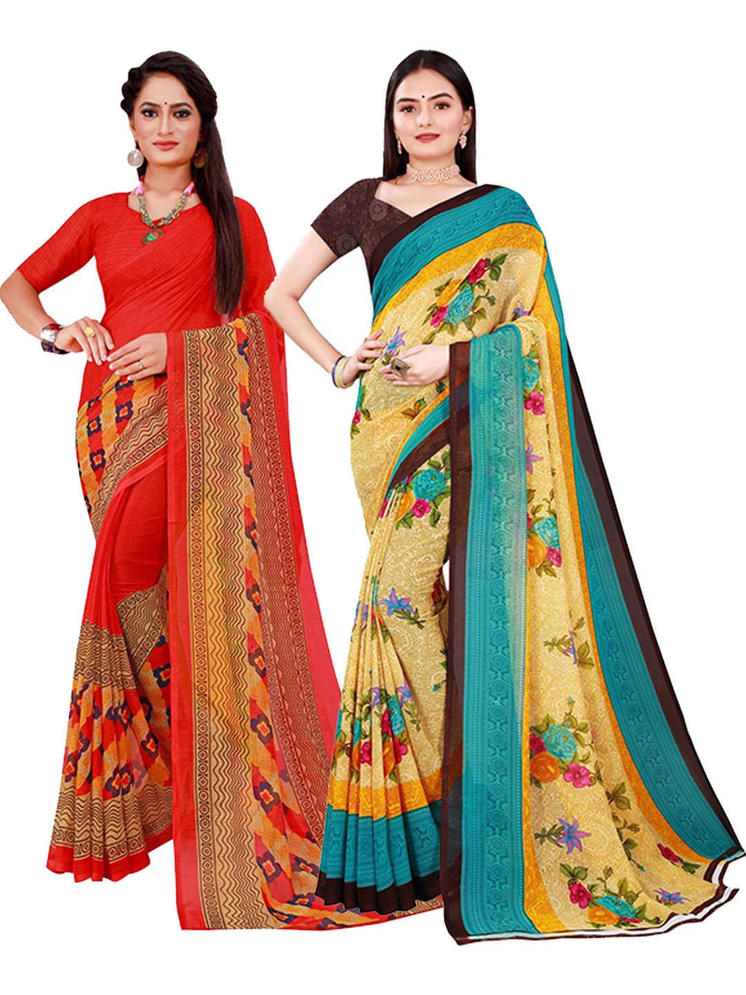 

Florence Red & Beige Printed Pure Georgette Saree