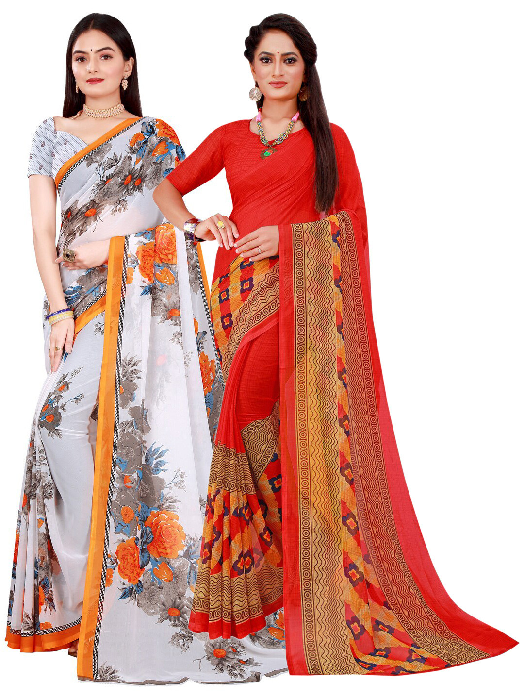 

Florence Red & White Floral Printed Pure Georgette Saree Pack Of 2