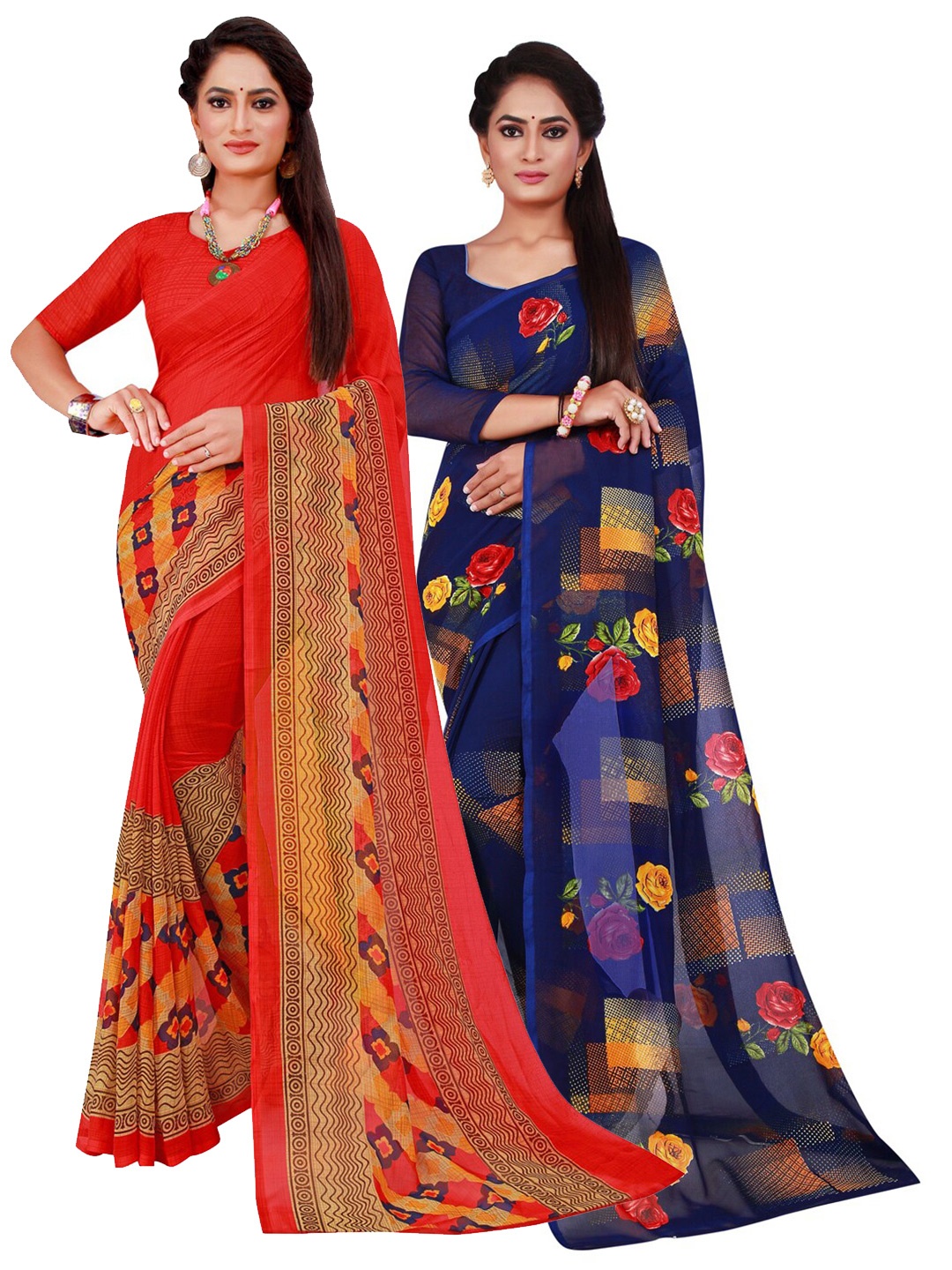 

Florence Pack Of 2 Red & Navy Blue Floral Pure Georgette Saree