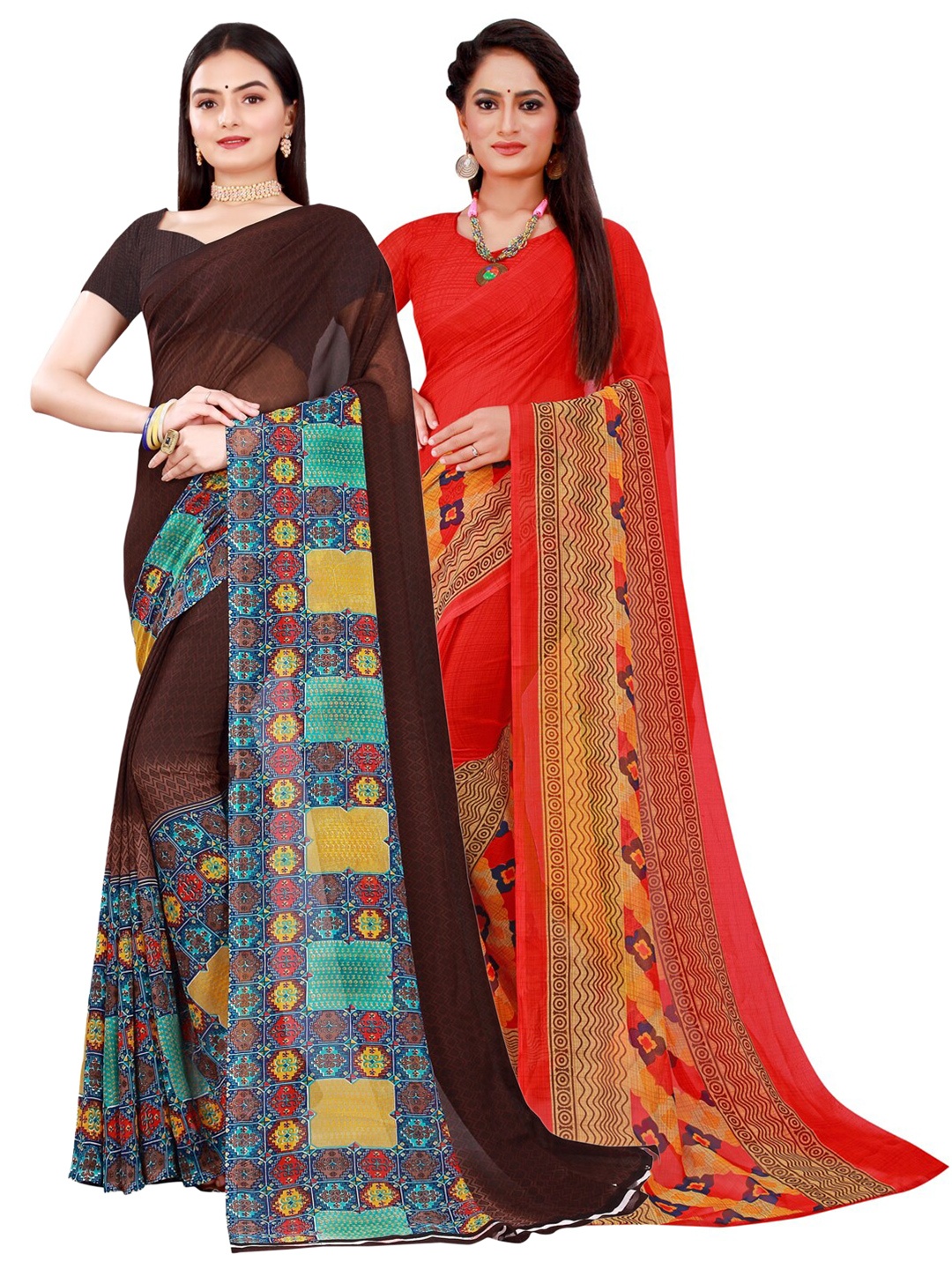 

Florence Set Of 2 Brown & Red Floral Pure Georgette Saree