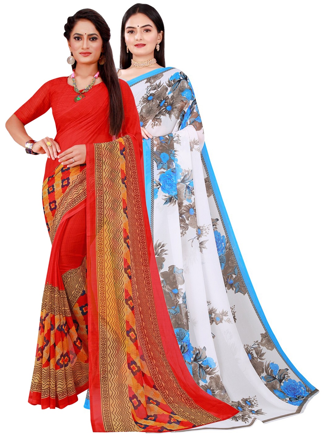 

Florence Pack Of 2 Red & White Floral Pure Georgette Saree