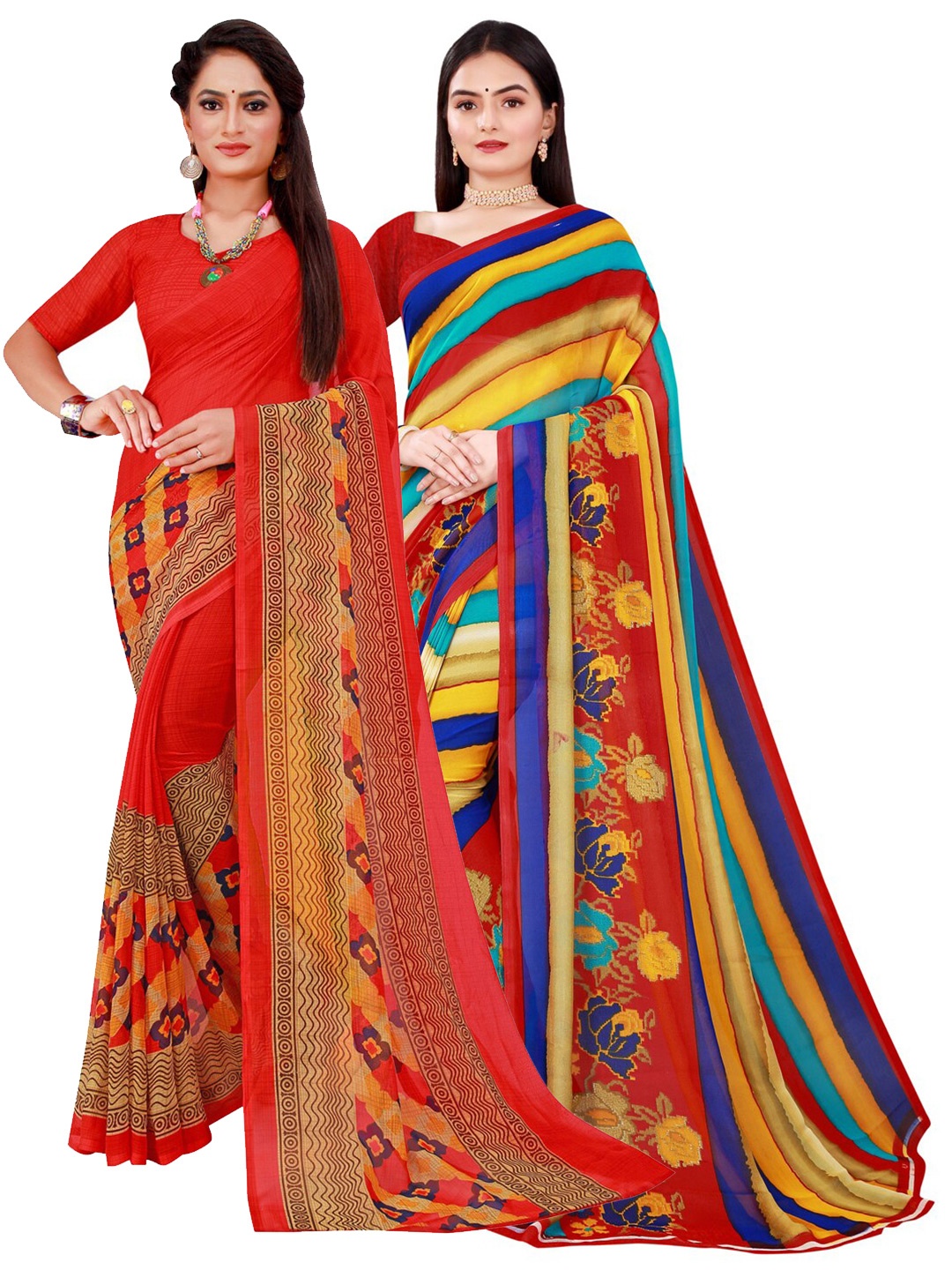 

Florence Pack of 2 Red & Blue Floral Pure Georgette Sarees
