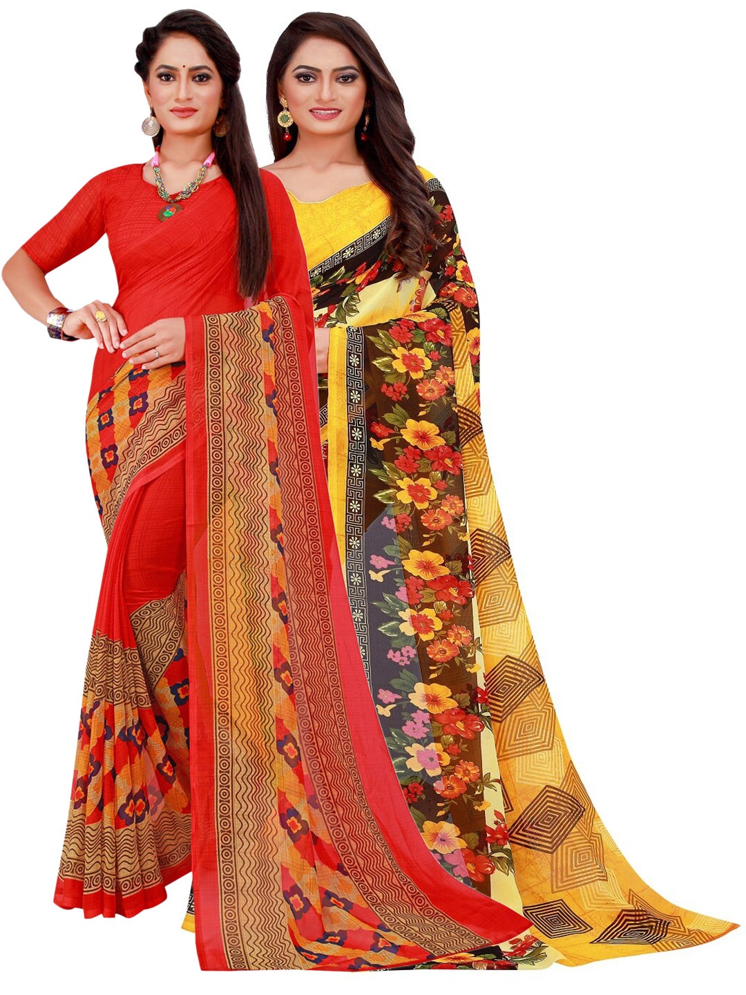 

Florence Yellow & Red Floral Printed Pure Georgette Saree Pack Of 2