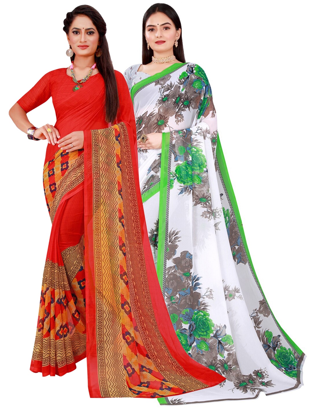 

Florence Pack Of 2 Red & Green Floral Pure Georgette Sarees