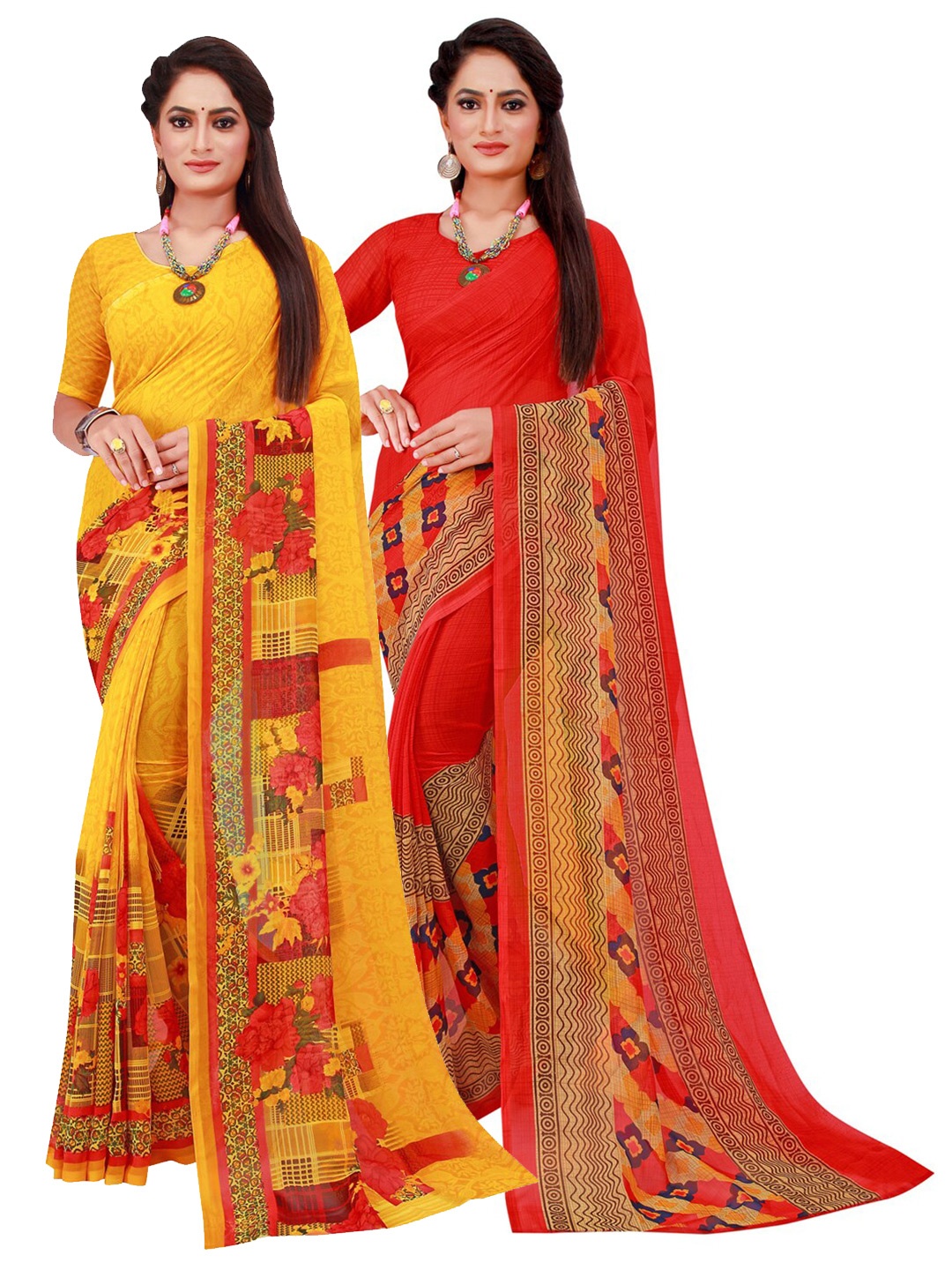 

Florence Pack Of 2 Yellow & Red Floral Pure Georgette Saree