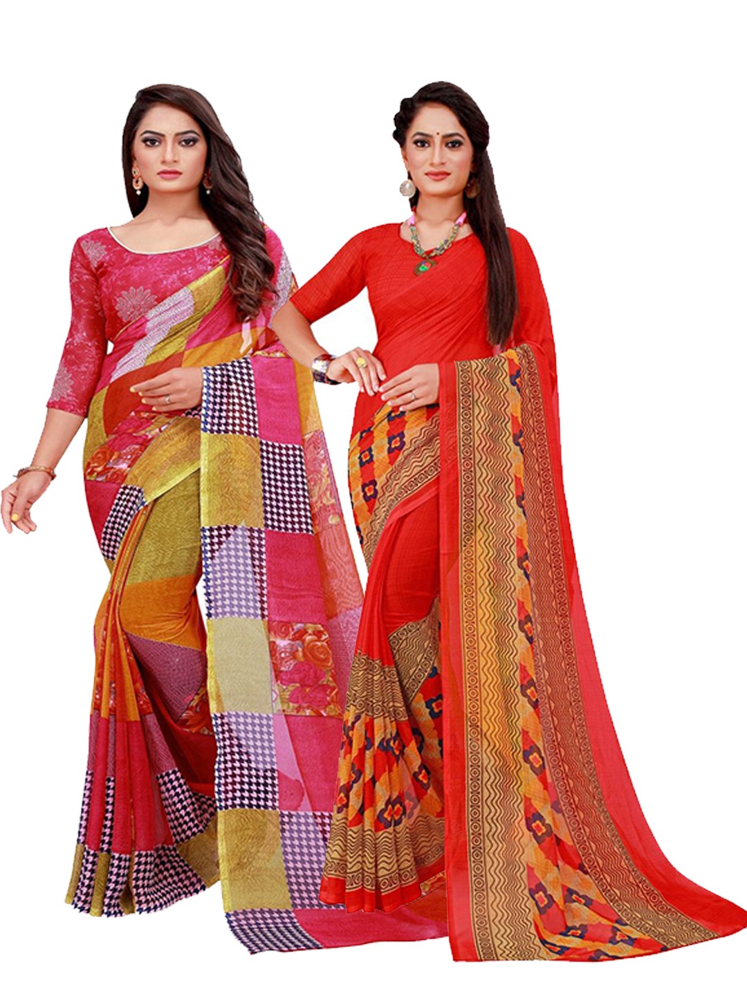 Florence Set Of 2 Red & Magenta Floral Pure Georgette Saree