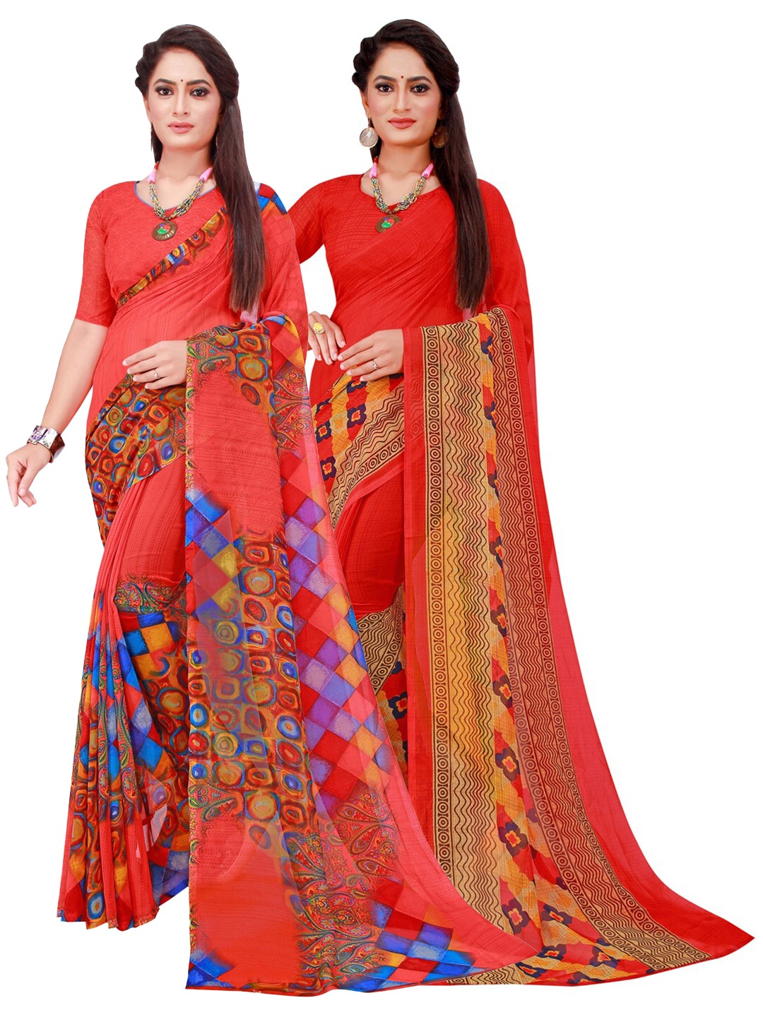

Florence Pack of 2 Red & Pink Floral Pure Georgette Sarees