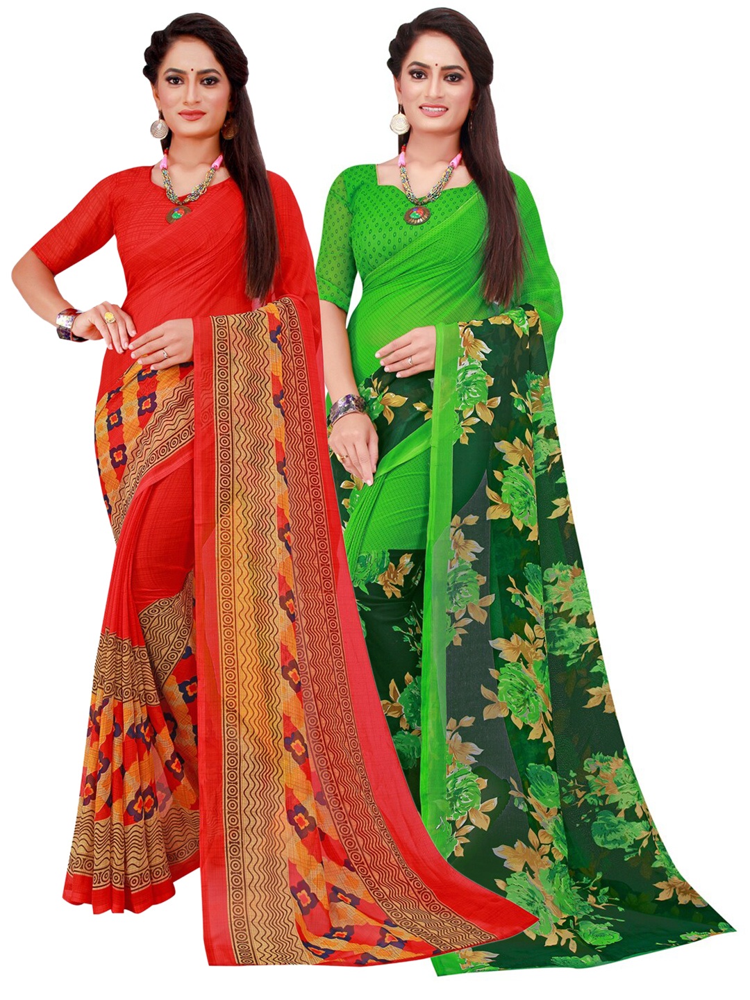 Florence Red & Green Set Of 2 Floral Pure Georgette Saree