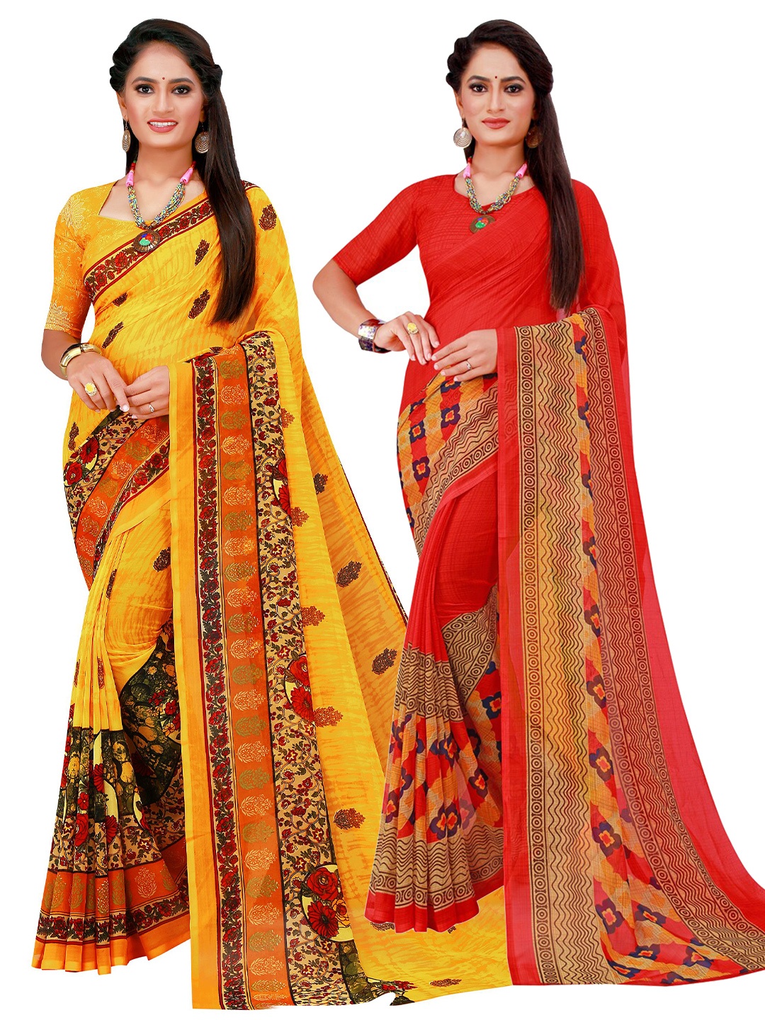 

Florence Pack of 2 Red & Yellow Floral Pure Georgette Sarees