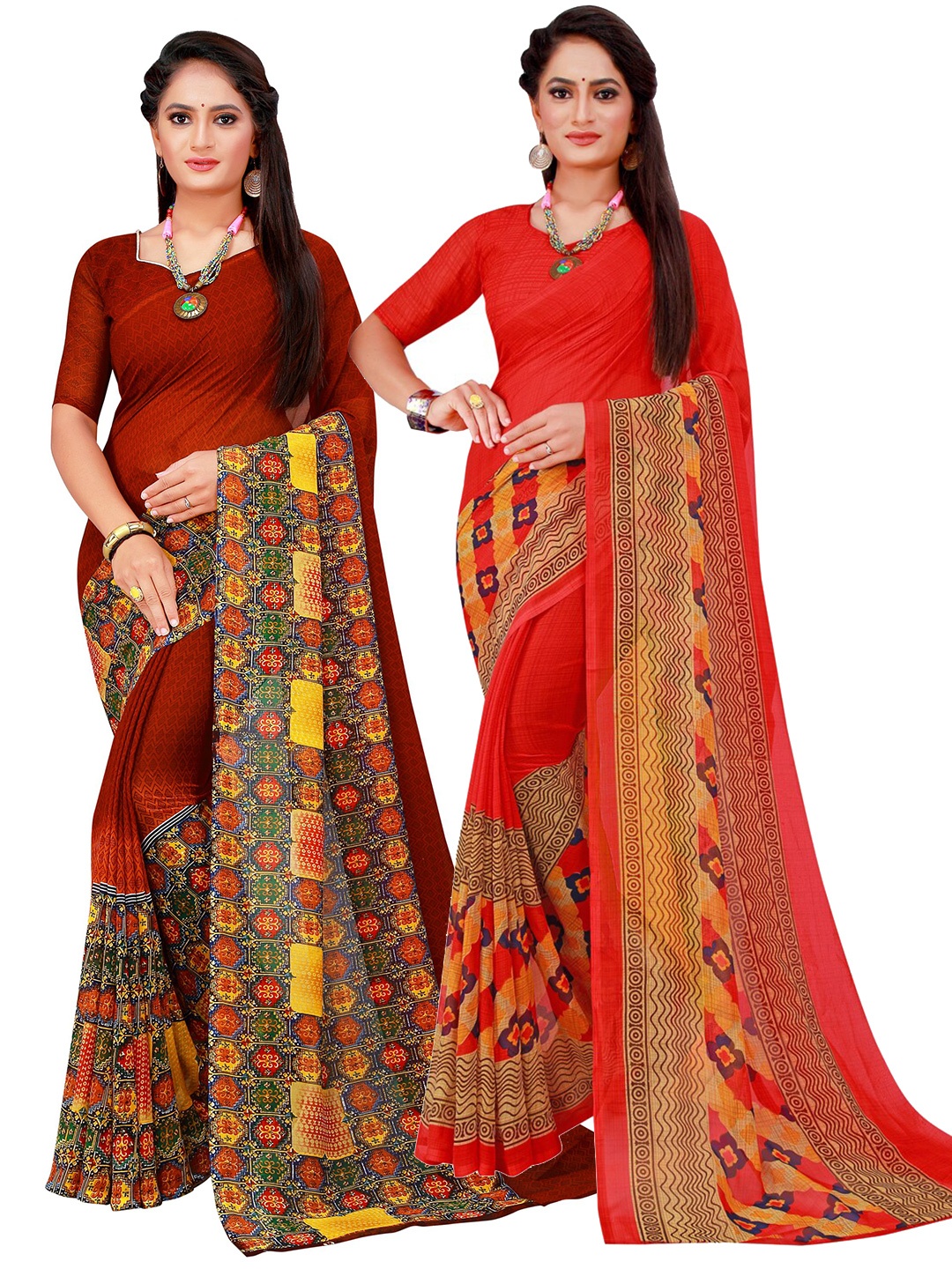 

Florence Pack Of 2 Red & Yellow Pure Georgette Saree