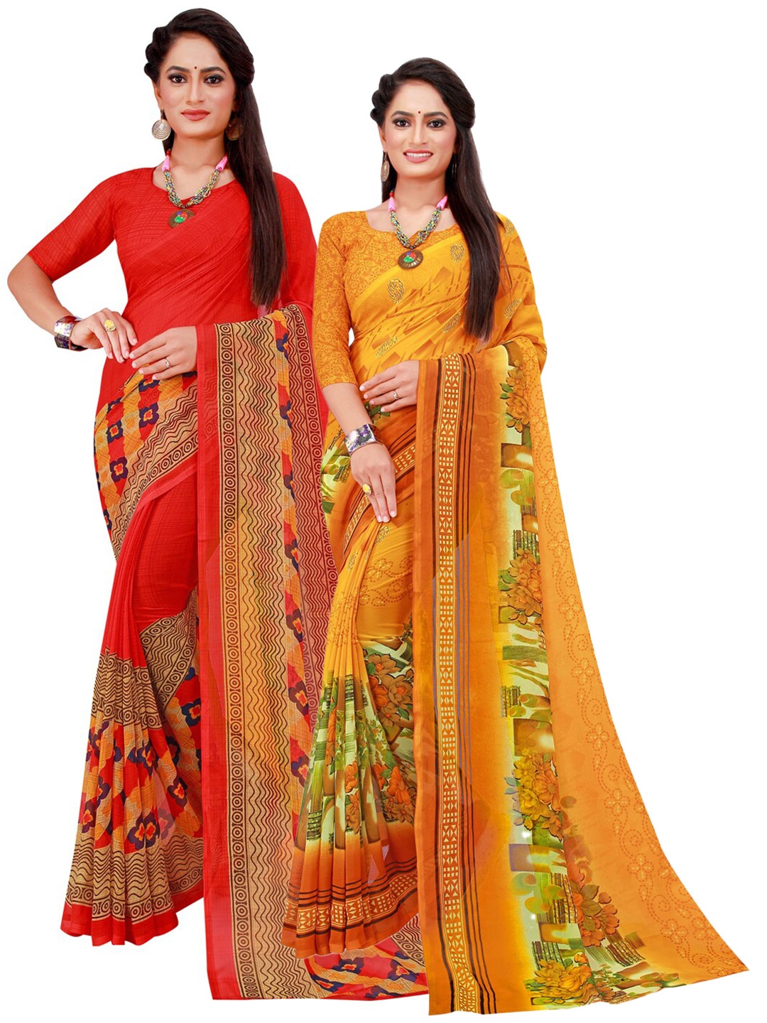 

Florence Set Of 2 Red & Yellow Floral Pure Georgette Saree